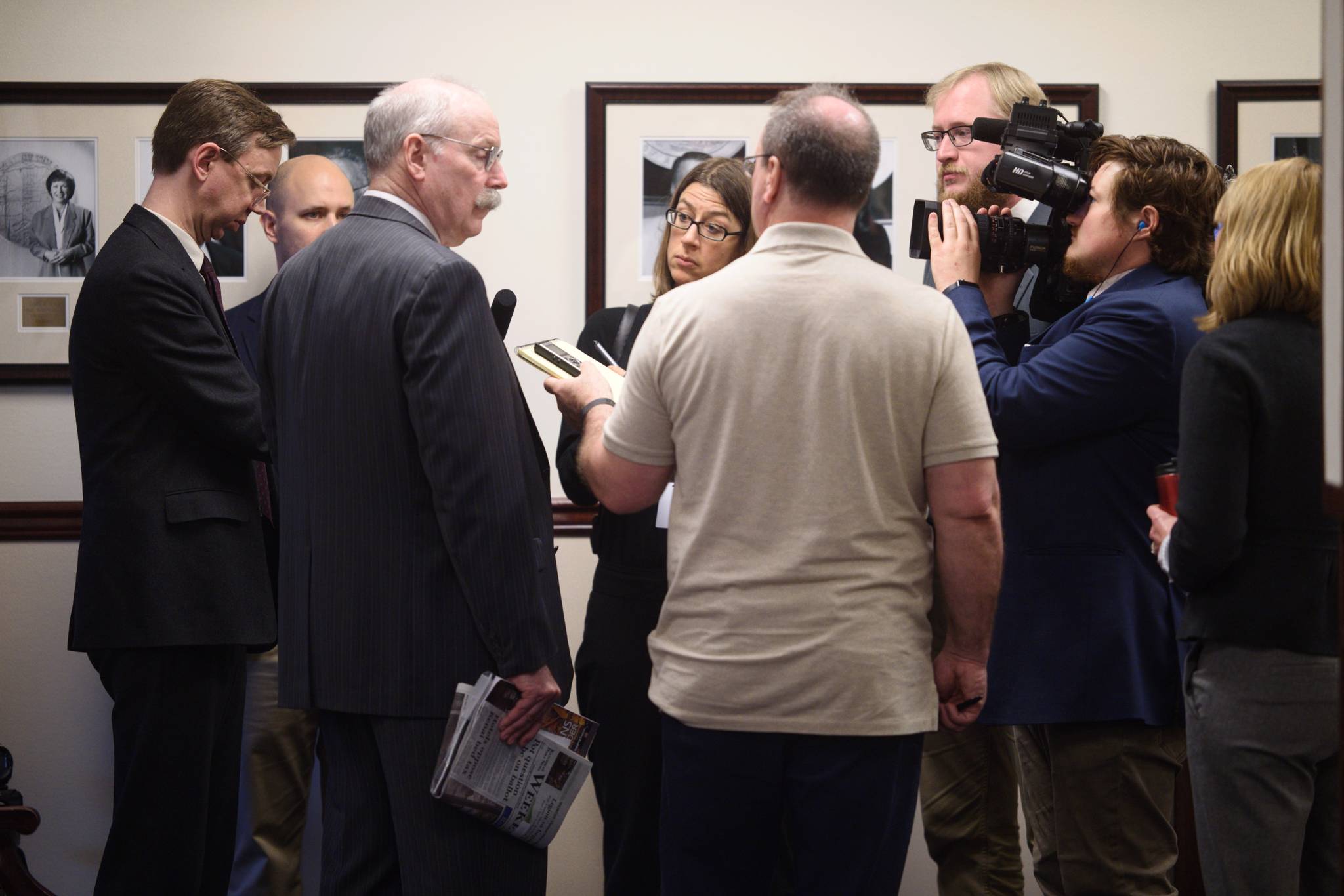 Sen. Bert Stedman, R-Sitka, is questioned by members of the media on the operating budget and the future of the Permanent Fund Dividend after a morning senate session at the Capitol on Monday, June 10, 2019. (Michael Penn | Juneau Empire)