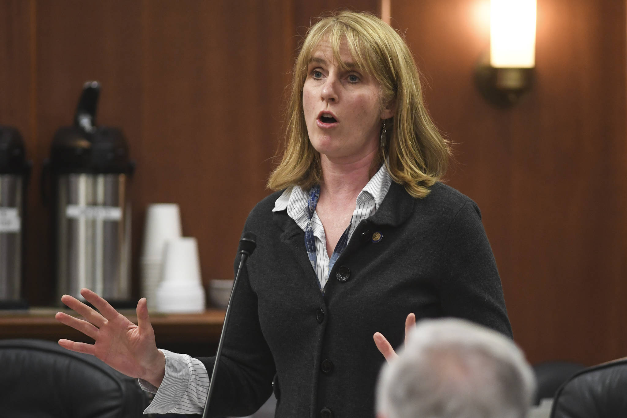 Sen. Natasha von Imhof, R-Anchorage, speaks in favor of a resolution to have a combined House/Senate committee to study a Permanent Fund Dividend solution at the Capitol on Monday, June 10, 2019. (Michael Penn | Juneau Empire)