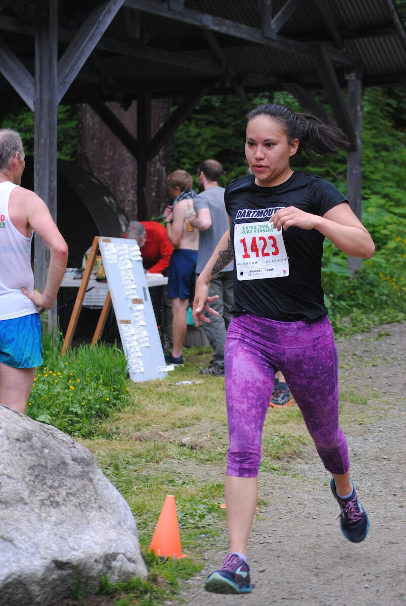 Kendri Cesar wins the women’s title in the Ben Blackgoat Memorial Race with a time of 57 minutes, 37 seconds, at the bottom of Perseverance Trail on Saturday, June 8, 2019. (Courtesy Photo | Darla Orbistondo)