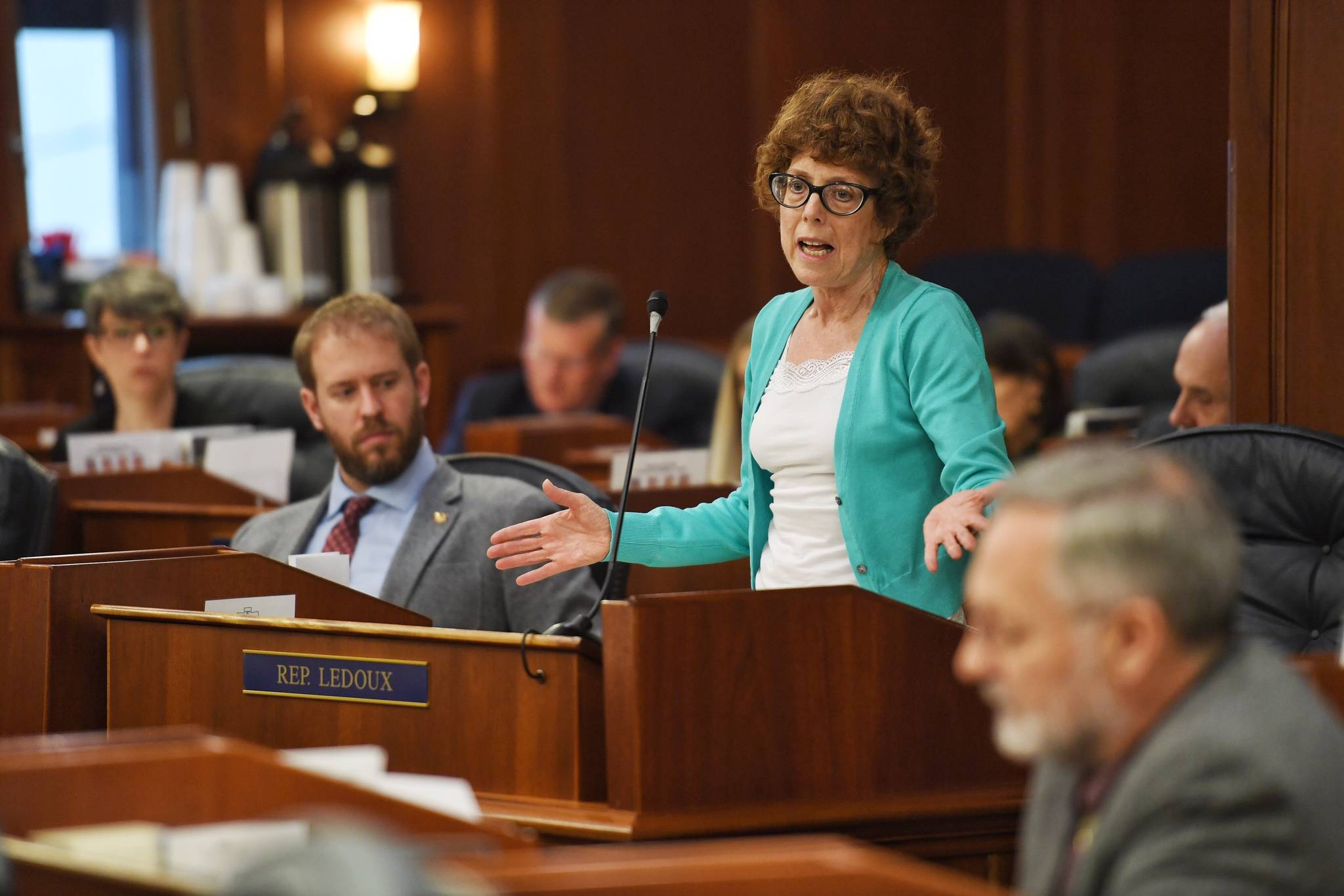 Rep. Gabrielle LeDoux, R-Anchorage , speaks in favor of amendment one to the capital budget to pay out a full Permanent Fund Dividend in the House at the Capitol on Wednesday, June 12, 2019. (Michael Penn | Juneau Empire)
