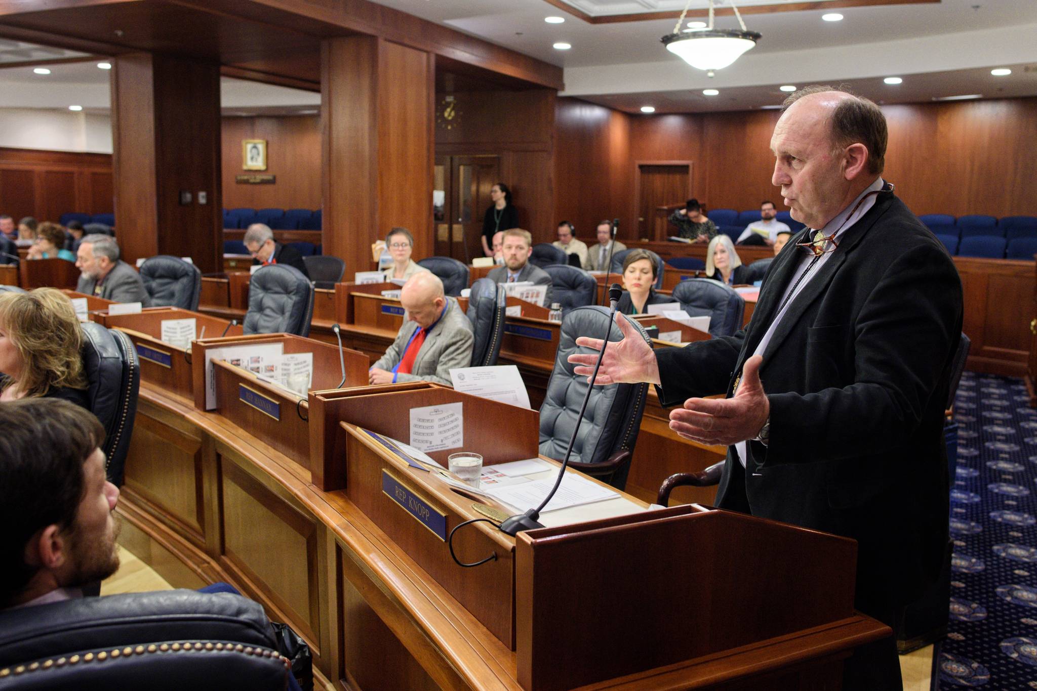 Rep. Gary Knopp, R-Kenai, speaks against amendment one to the capital budget to pay out a full Permanent Fund Dividend in the House at the Capitol on Wednesday, June 12, 2019. (Michael Penn | Juneau Empire)