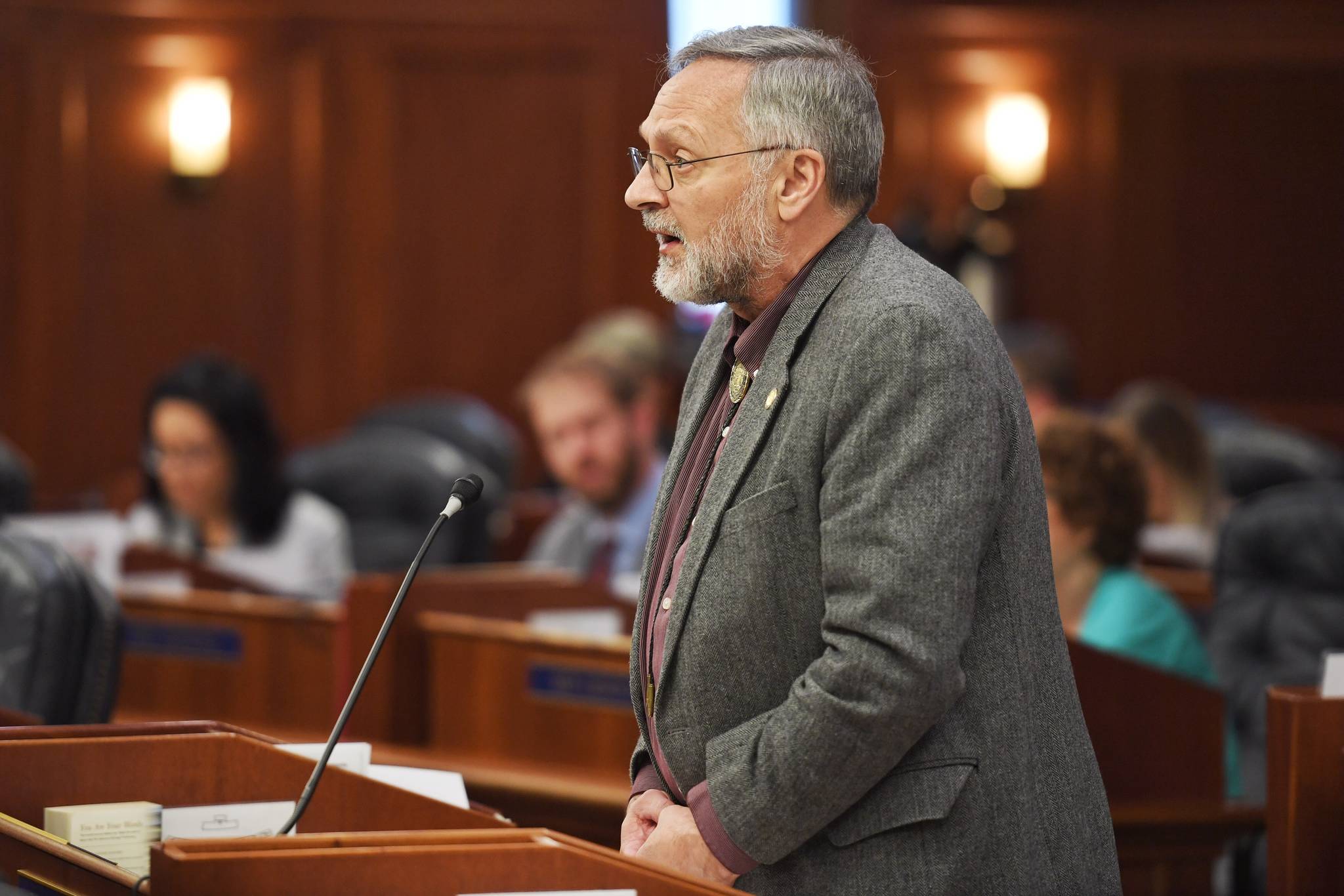 Rep. Dave Talerico, R-Healy, introduces amendment one to the capital budget to pay out a full Permanent Fund Dividend in the House at the Capitol on Wednesday, June 12, 2019. (Michael Penn | Juneau Empire)
