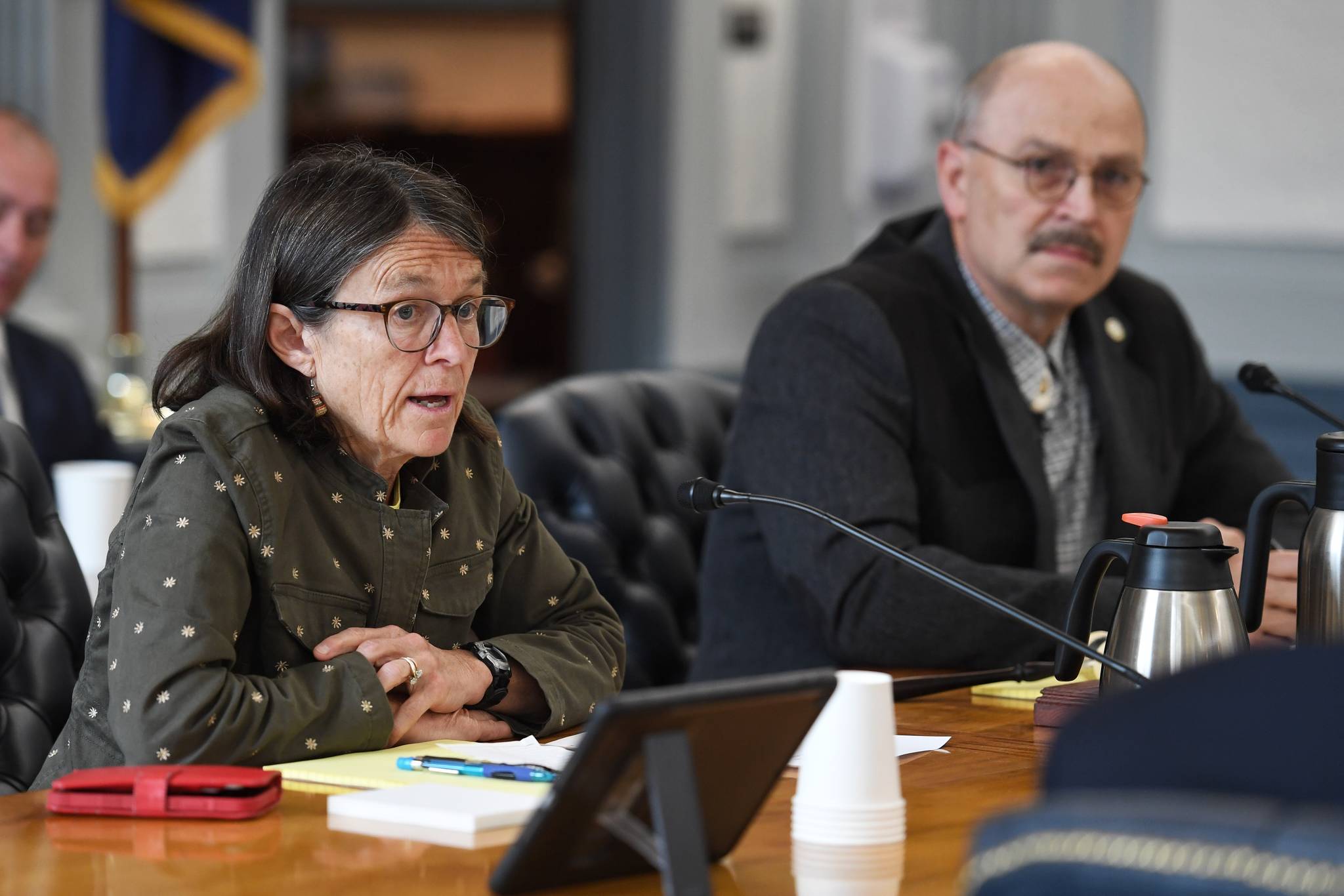 Co-Chairs Rep. Jennifer Johnston, R-Anchorage, left, and Sen. Click Bishop, R-Fairbanks, talk about the work to be done during the first meeting of a joint committee to work on the future of the Alaska Permanent Fund Dividend at the Capitol on Wednesday, June 12, 2019. (Michael Penn | Juneau Empire)