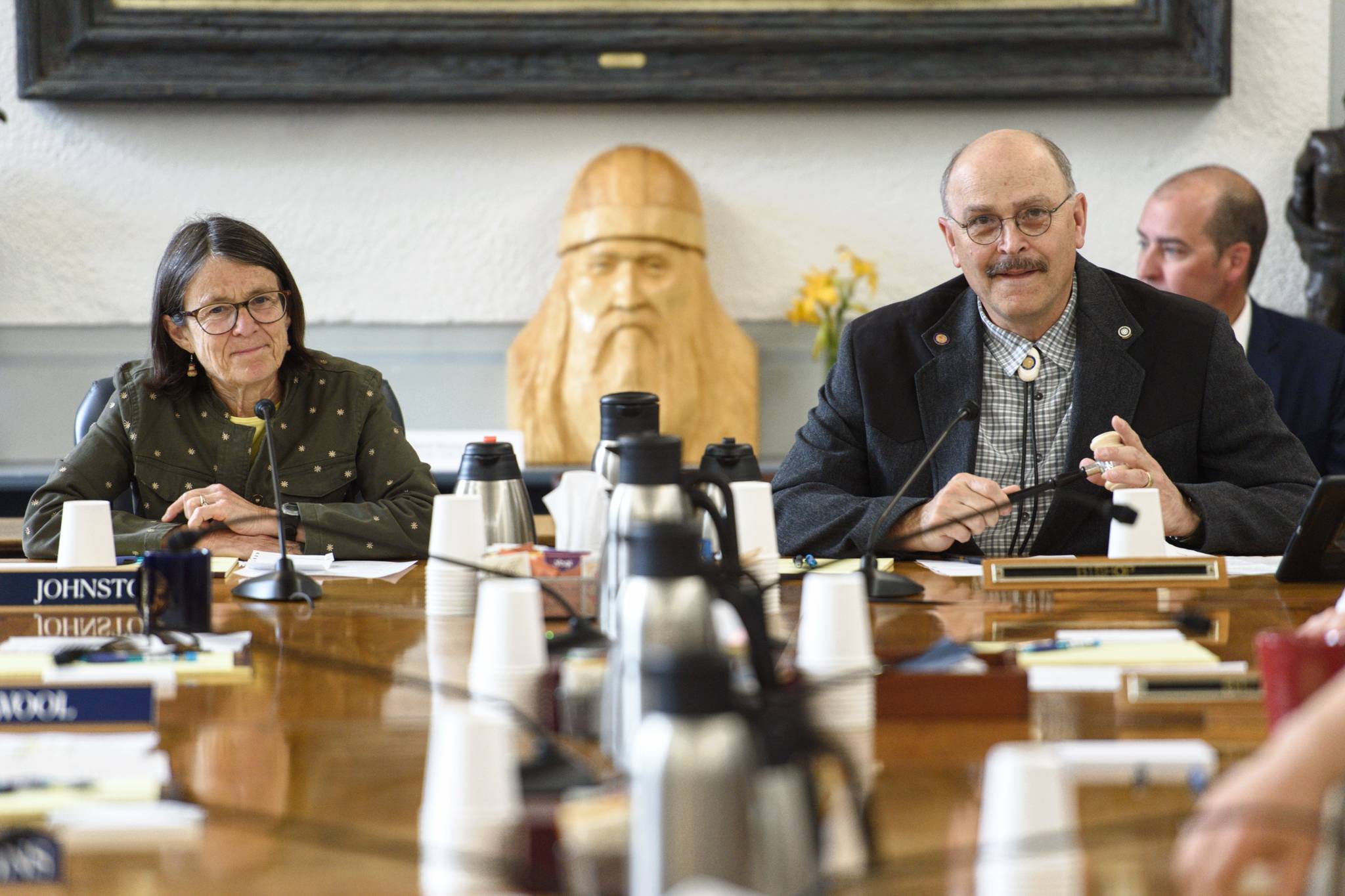 Co-Chairs Rep. Jennifer Johnston, R-Anchorage, left, and Sen. Click Bishop, R-Fairbanks, prepare to gavel into a joint committee to work on the future of the Alaska Permanent Fund Dividend at the Capitol on Wednesday, June 12, 2019. (Michael Penn | Juneau Empire)