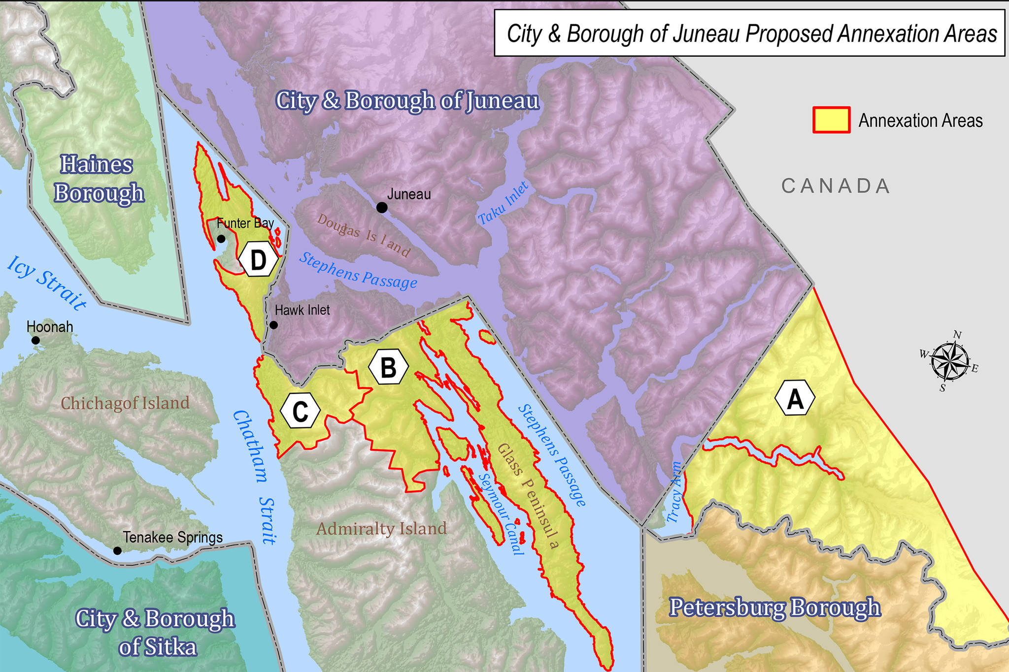 The City and Borough of Juneau intends to submit an annexation petition that would seek to add four tracts of land pictured here to the borough. (Courtesy Photo | City and Borough of Juneau)