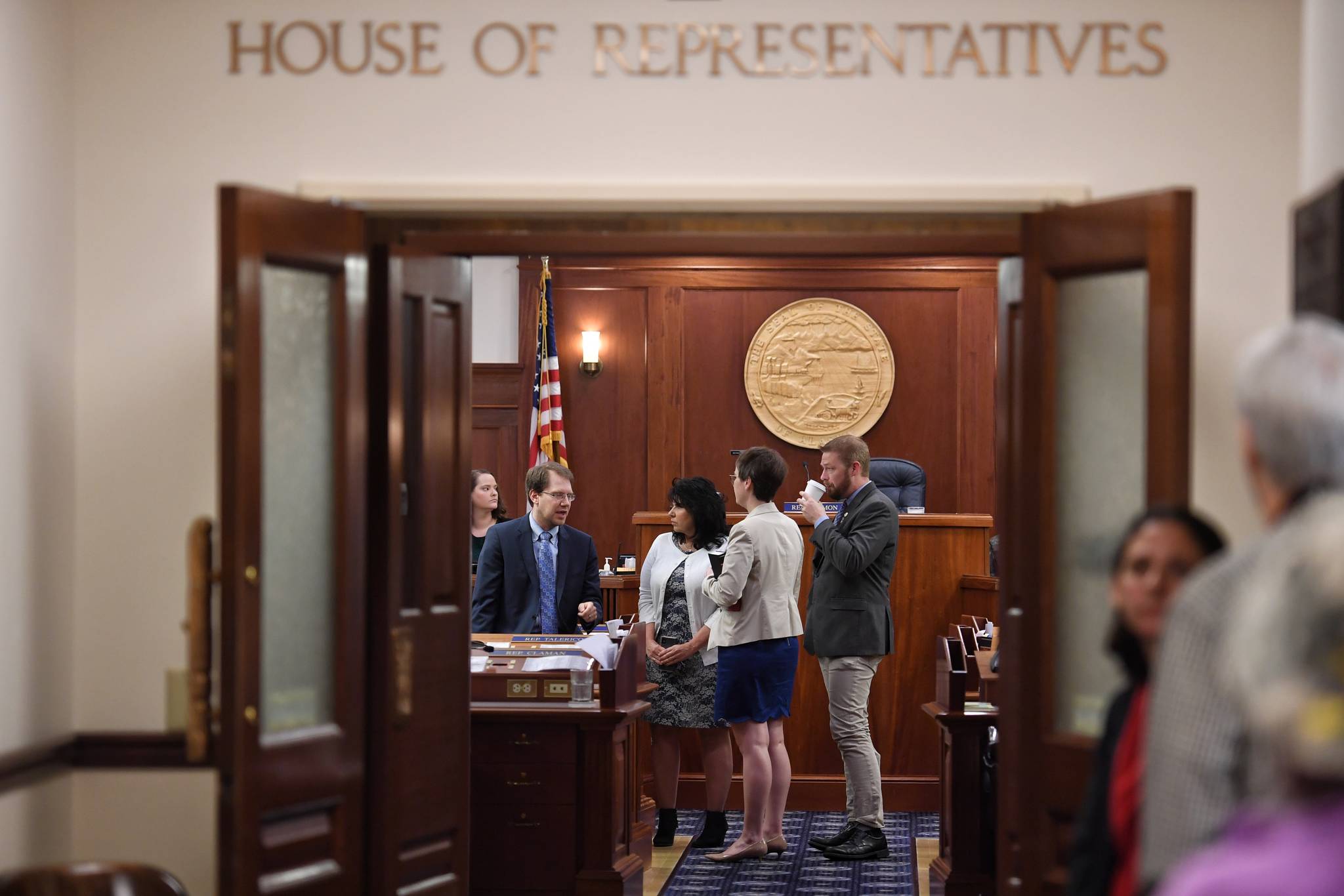 House Minority members stay to talk in the House after adjournment on Thursday, June 13, 2019. (Michael Penn | Juneau Empire)