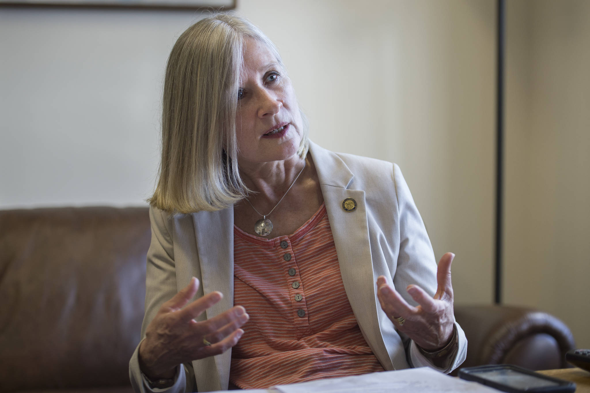 Rep. Andi Story, D-Juneau, talks about state government jobs leaving Juneau during an interview at her Capitol office on Friday, June 14, 2019. (Michael Penn | Juneau Empire)