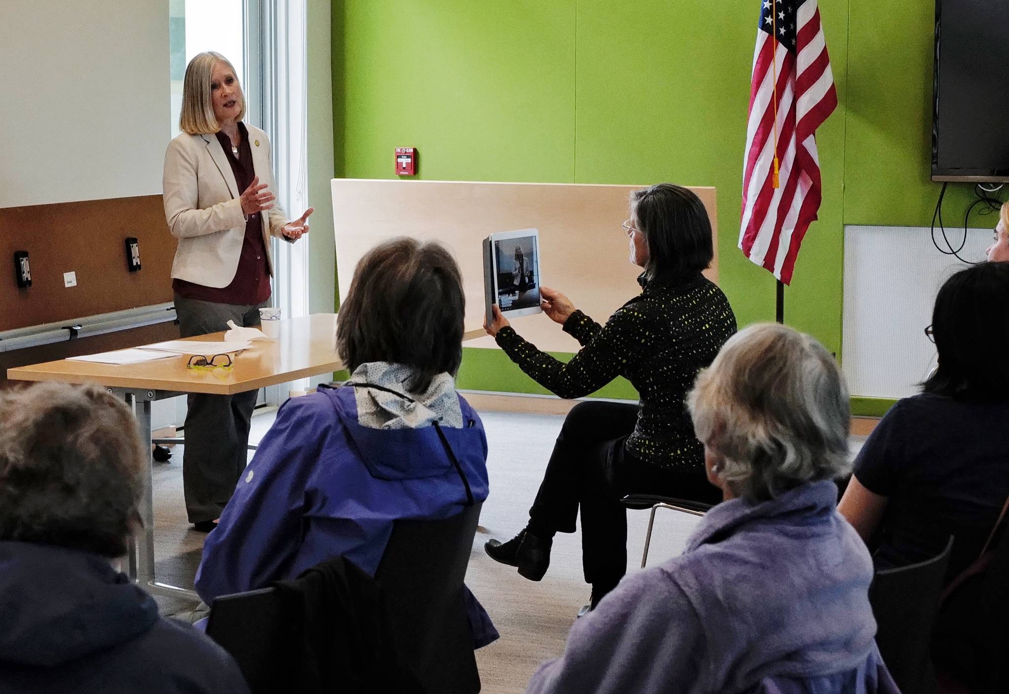 Rep. Andi Story, D-Juneau, holds a town hall meeting at the Mendenhall Valley Public Library on Wednesday, June 19, 2019. (Michael Penn | Juneau Empire)