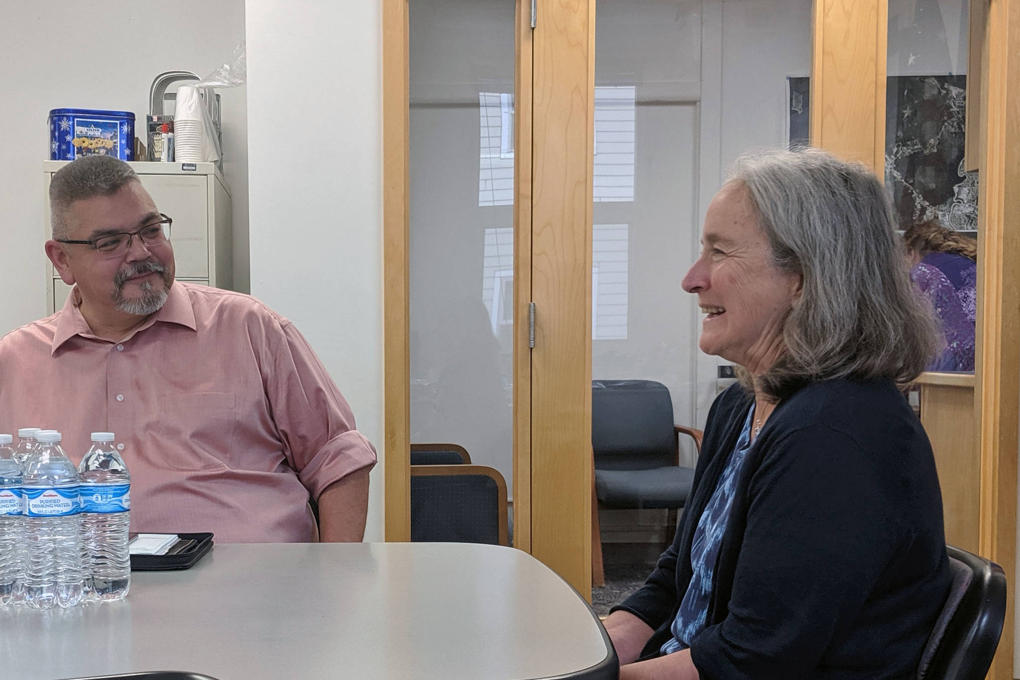 City and Borough Assembly member Rob Edwardson interviews Eaglecrest board member Stephanie Hoag, who was reappointed to her seat Wednesday, June 19, 2019. (Ben Hohenstatt | Juneau Empire)