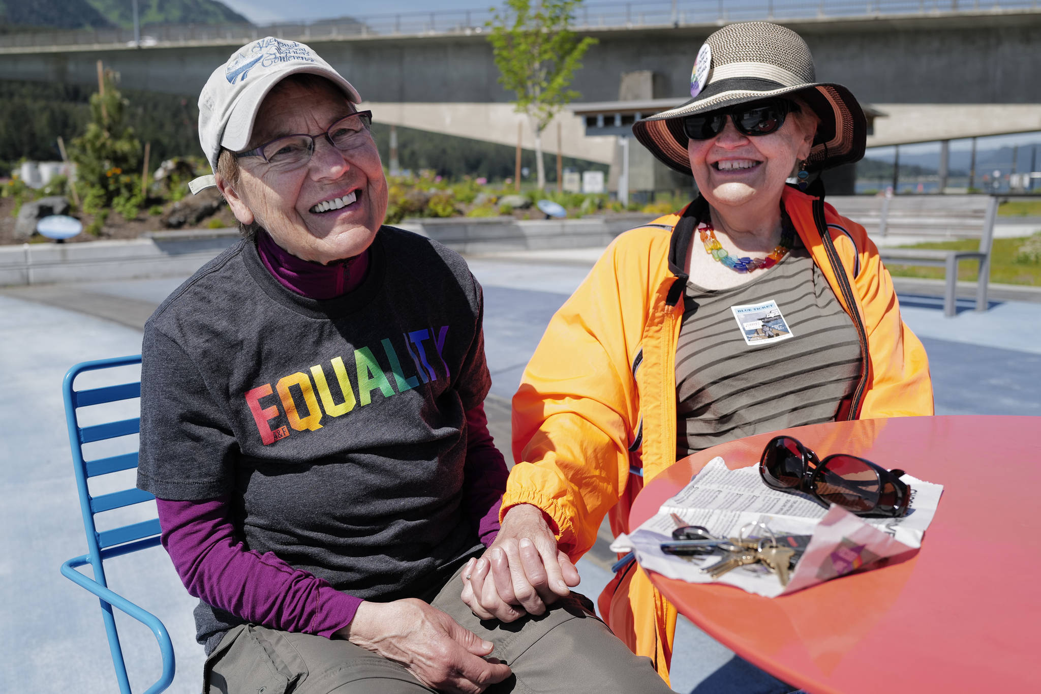 Lin Davis and her wife, Maureen “Mo” Longworth, talks about their experiences fighting for equalilty during an interview at the Mayor Bill Overstreet Park on Friday, June 21, 2019. The couple are receiving Lifetime Achievement Awards from the Southeast AK Lesbian & Gay Alliance LGBTQ+ Alliance at the end of Juneau Pride Week today. (Michael Penn | Juneau Empire)