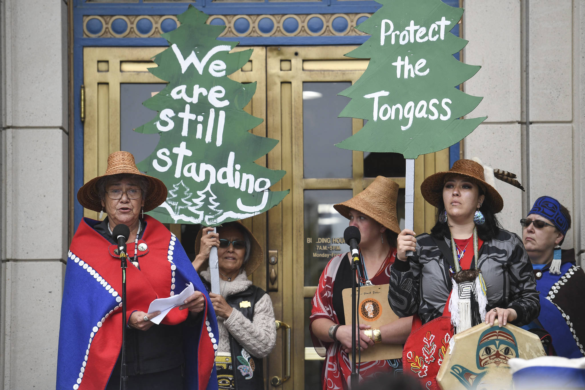 Wanda “Kashudoha” Loescher Culp, Tlingit activist and WECAN Tongass Coordinator, speaks during a Tongass Rally to show local support for the 2001 National Roadless Rule in front of the Alaska State Capitol on Saturday, June 22, 2019. (Michael Penn | Juneau Empire)