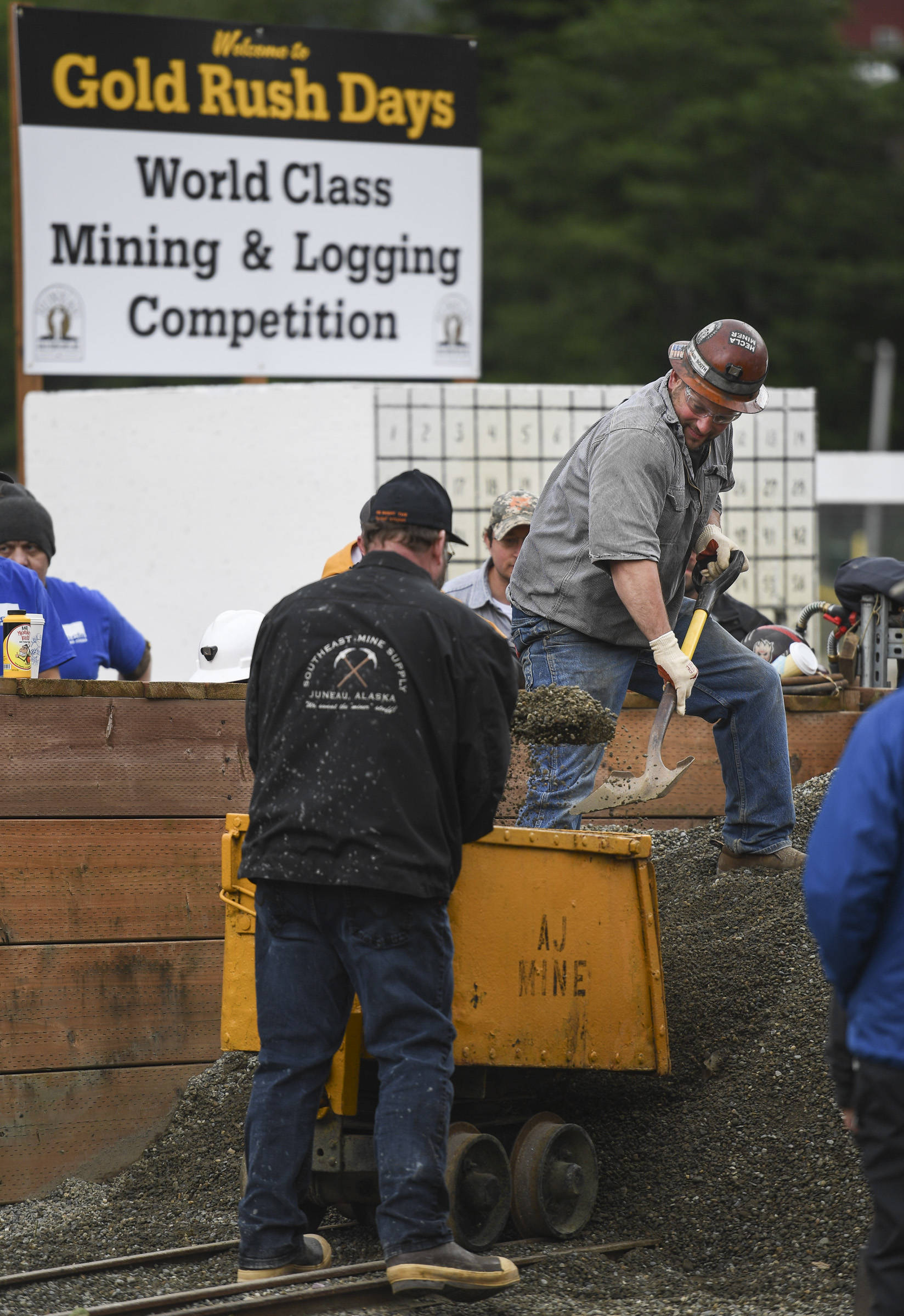 Ryan Friend competes in the hand mucking contest during the Mining & Logging Competition at the 29th Annual Gold Rush Days at Savikko Park on Saturday, June 22, 2019. (Michael Penn | Juneau Empire)