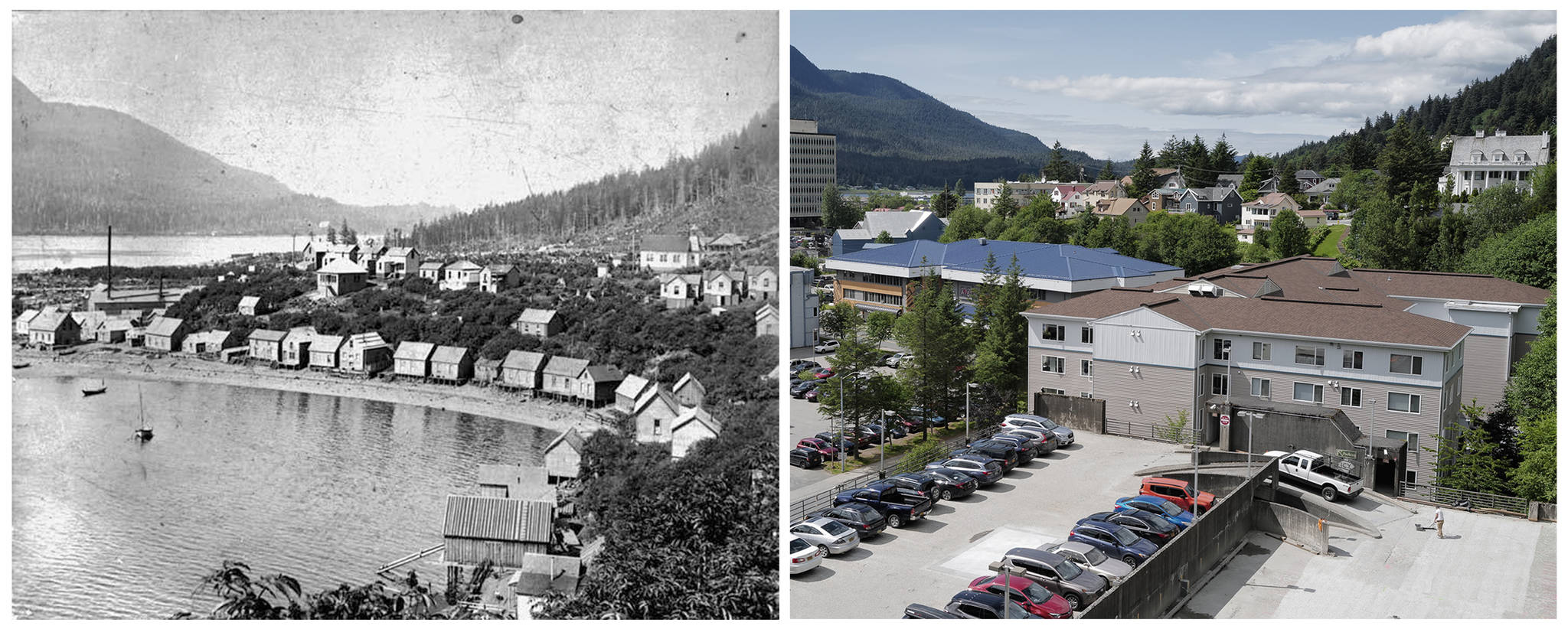 Then and Now: This photo composite shows what the Willoughby District looked like in back what it was an Alaska Native village, and now in current day. The historic photograph is not dated, but was was taken sometime between 1893 and 1943, according to the Alaska State Library Historical Collections (Collection number ASL-P01-4853). The photo on the right was taken Monday, June 24, 2019, on Willoughby Avenue by Juneau Empire photographer Michael Penn.