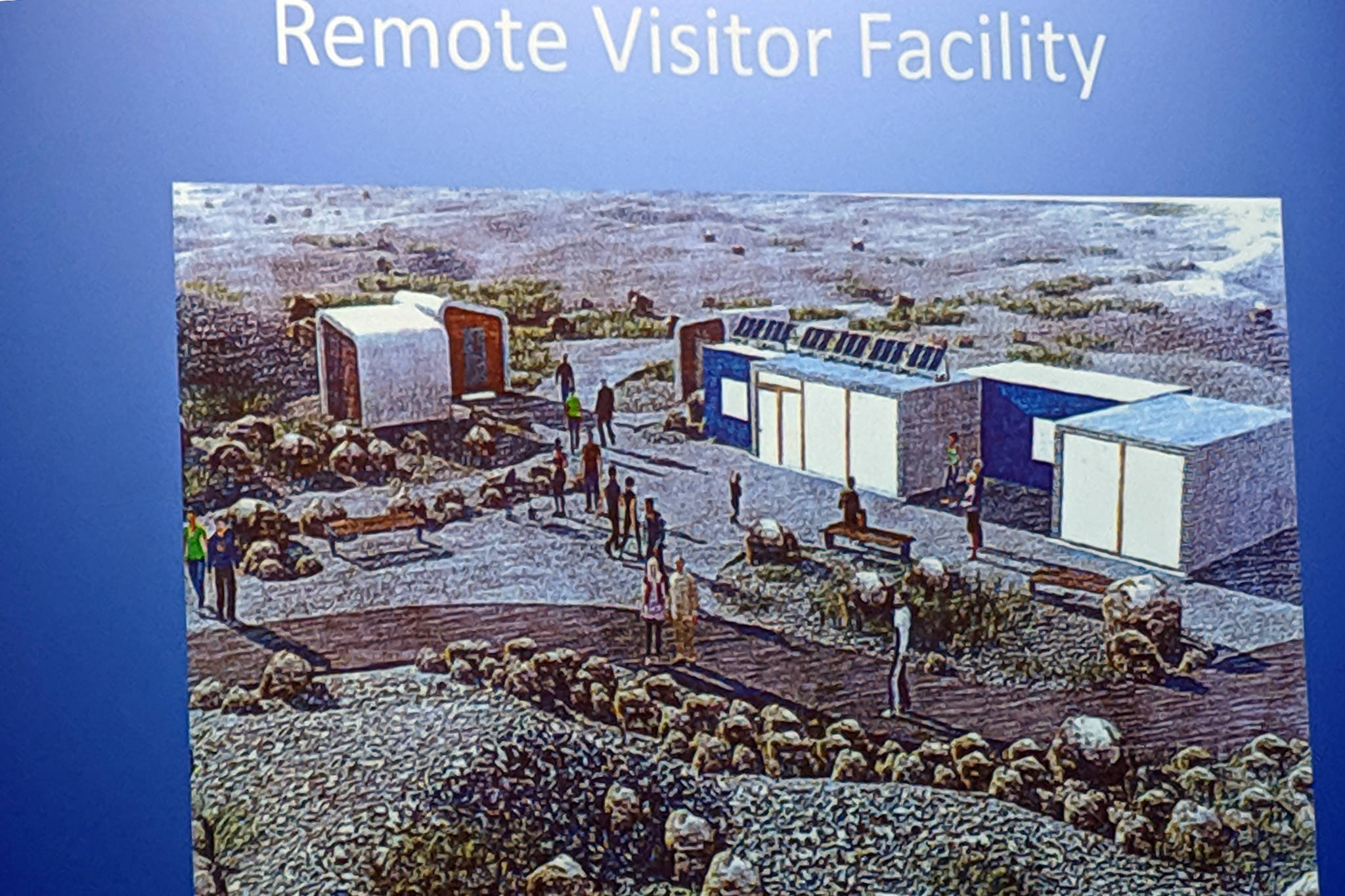 An artist’s rendering of what a visitor facility near the Mendenhall Glacier could look like was included in U.S. Forest Service Juneau District Ranger Brad Orr’s presentation to the Greater Juneau Chamber of Commerce Thursday, June 27, 2019. (Ben Hohenstatt | Juneau Empire)