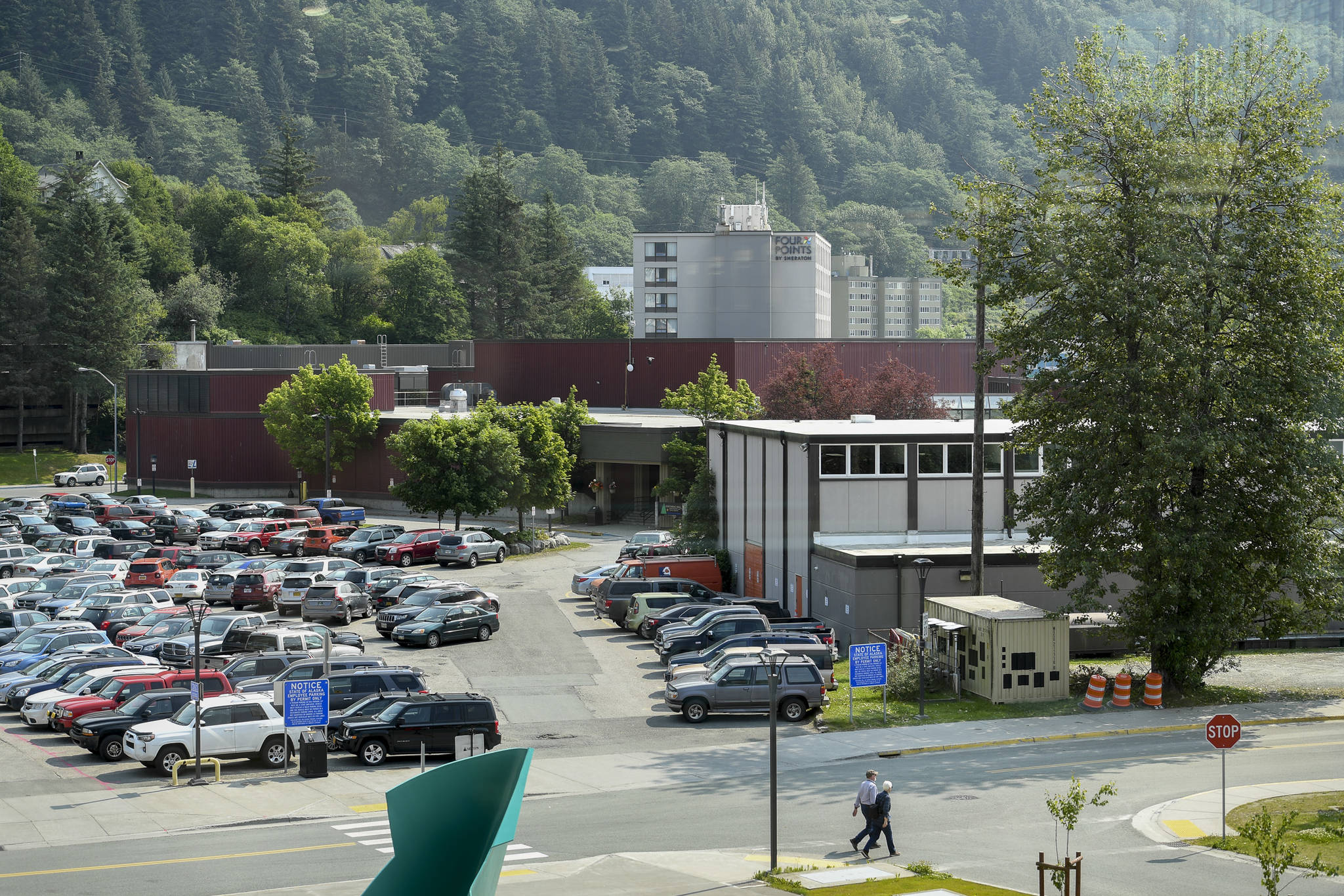 Centennial Hall, left, and the Juneau Arts and Culture Center on Tuesday, July 2, 2019. There are proposals for a New JACC and renovated Centennial Hall, but when work would happen and how it would be funded are still being decided. (Michael Penn | Juneau Empire)
