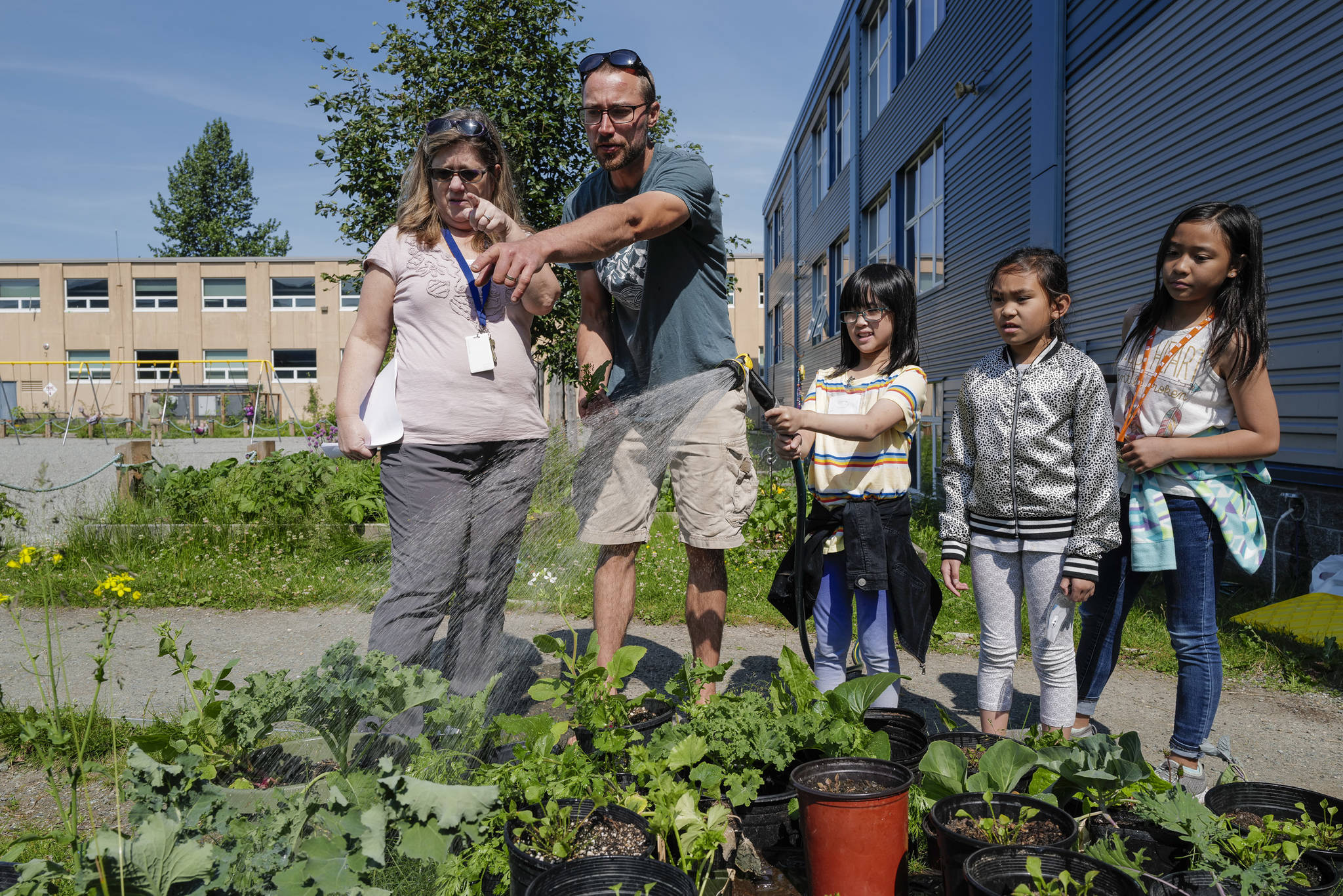Master gardener Joel Bos points out plants to Julie Leary, Harborview Connect! program supervisor, as Elyzsa Sapinoso waters plants with Jelena Lumba Cano and Emery Marte at Harborview Elementary School on Wednesday, June 26, 2019. (Michael Penn | Juneau Empire)