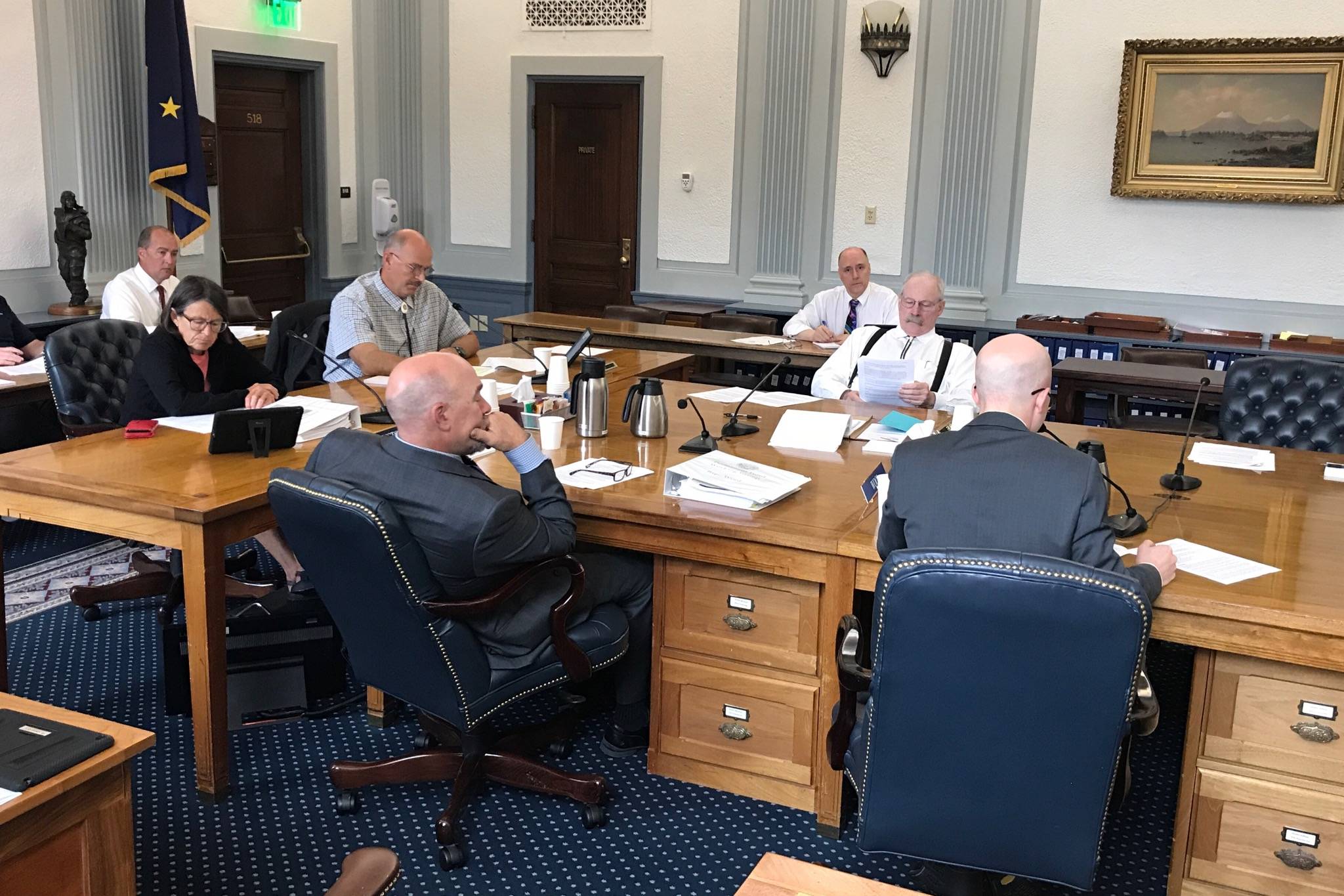 The eight members of the Permanent Fund Working Group are present at the Capitol on Monday, July 8, 2019. (Michael Penn | Juneau Empire)
