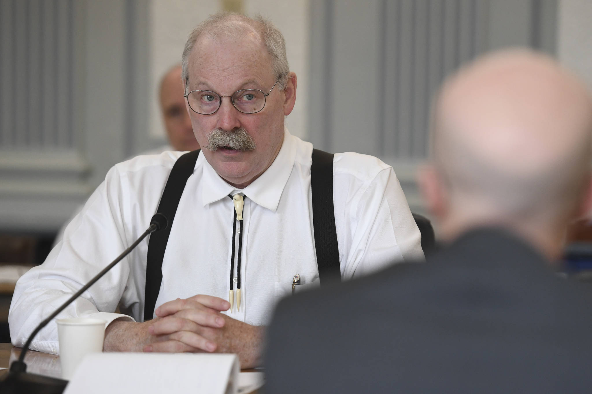 Sen. Bert Stedman, R-Sitka, present one of three papers during a Bicameral Permanent Fund Working Group at the Capitol on Monday, July 8, 2019. (Michael Penn | Juneau Empire)