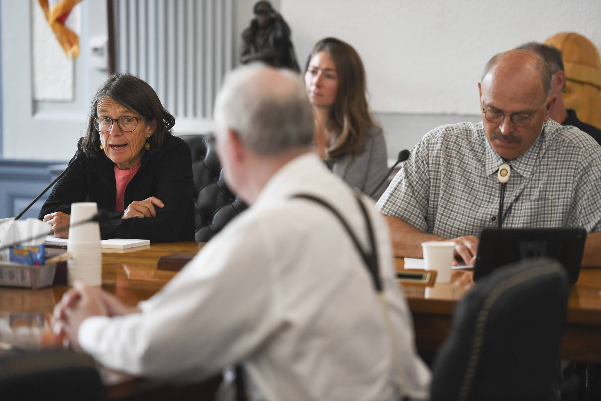 Co-Chair Rep. Jennifer Johnston, R-Anchorage, , left, comments as Co-Chair Click Bishop, R-Fairbanks, right, and Sen. Bert Stedman, R-Sitka, listen during a Bicameral Permanent Fund Working Group at the Capitol on Monday, July 8, 2019. (Michael Penn | Juneau Empire)