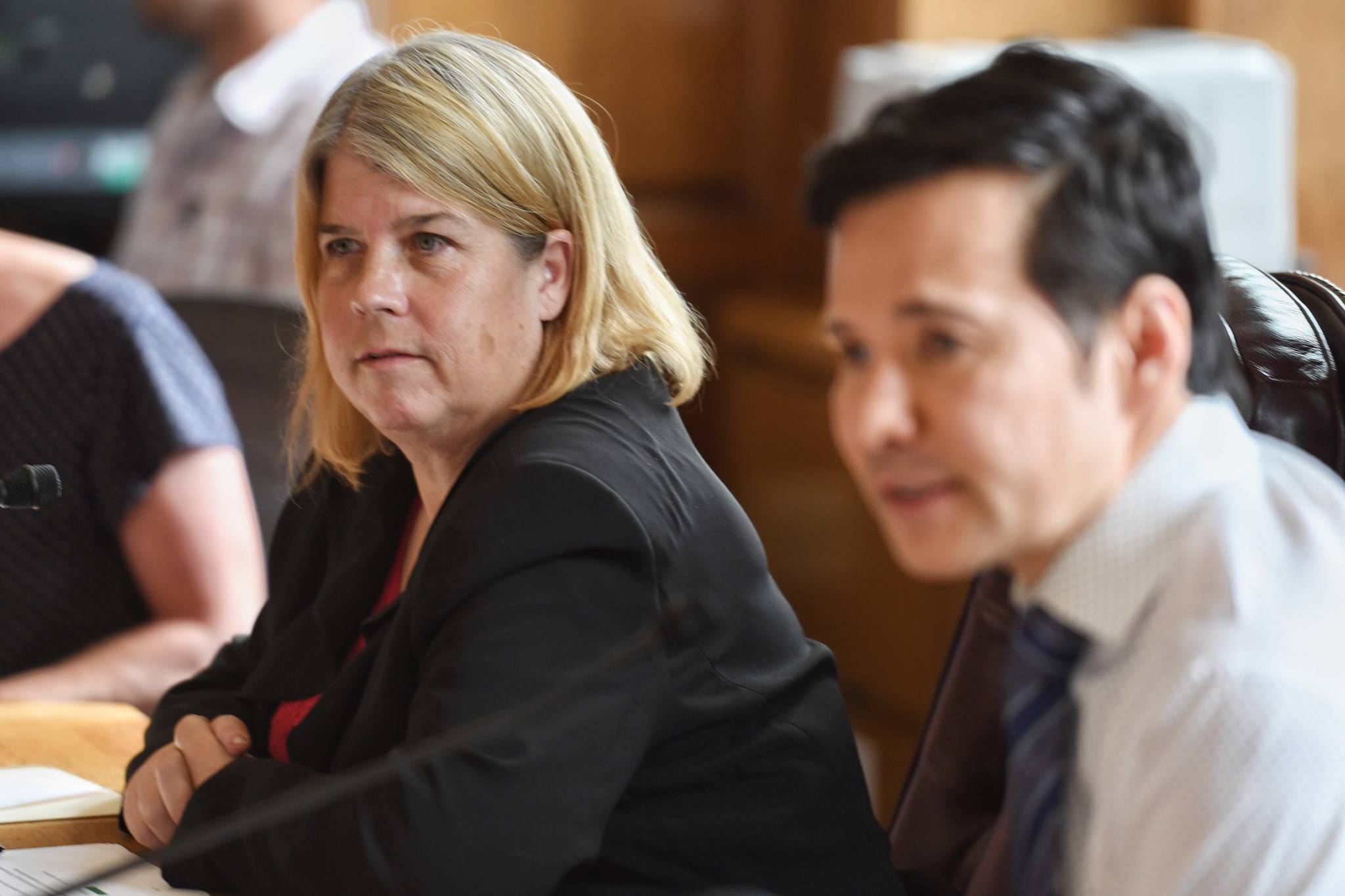 House Finance Committee Co-Chairs Rep. Tammie Wilson, R-North Pole, and Rep. Neal Foster, D-Nome, listen to testimony on Tuesday, July 9, 2019, at the Capitol about how Gov. Mike Dunleavy’s budget vetoes will affect local communities around the state. (Michael Penn | Juneau Empire)