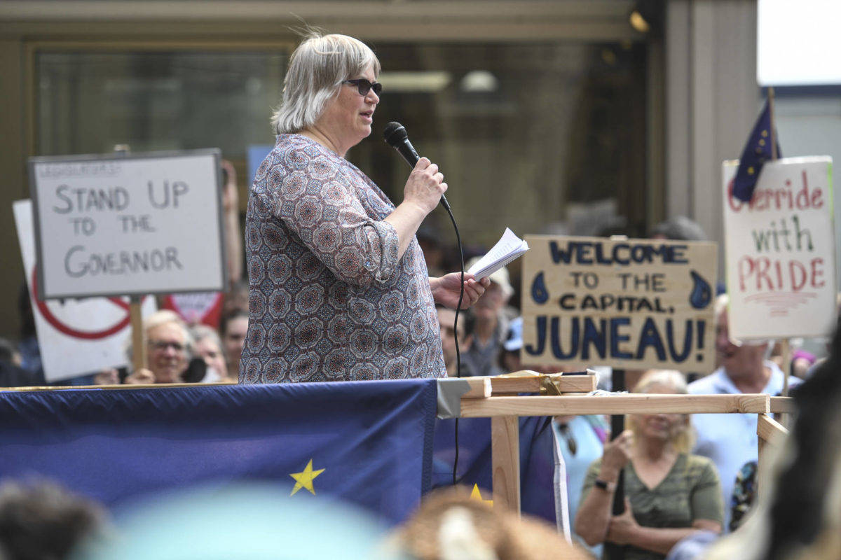 Juneau Mayor Beth Weldon speaks during a rally in front of the Capitol calling for an override of Gov. Mike Dunleavy’s budget vetoes on the first day of the Second Special Session of the Alaska Legislature in Juneau on Monday, July 8, 2019. (Michael Penn | Juneau Empire File)