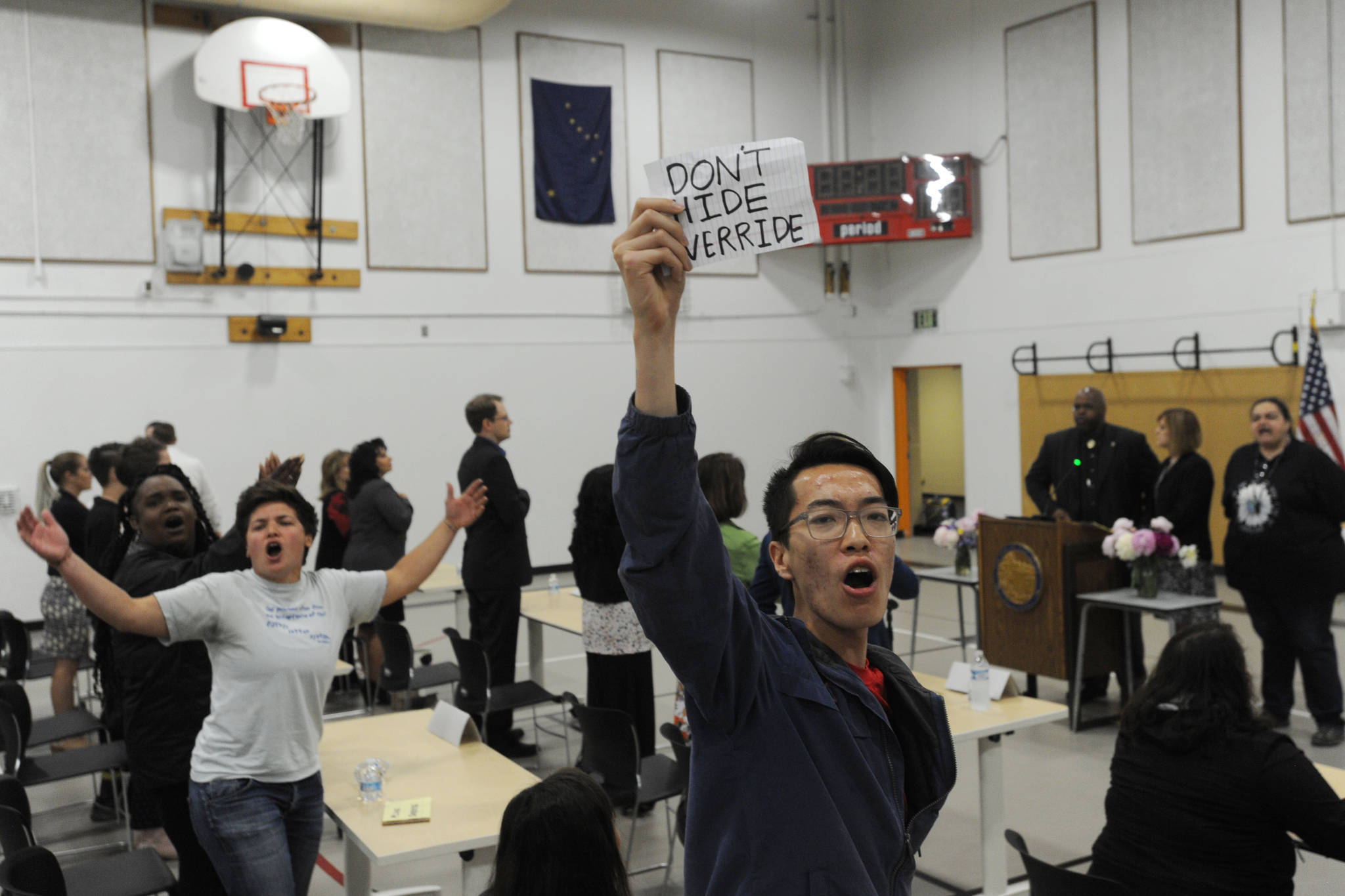 Protesters hijacked the legislative special session at Wasilla Middle School on Wednesday, July 10, 2019. (Bill Roth / ADN)