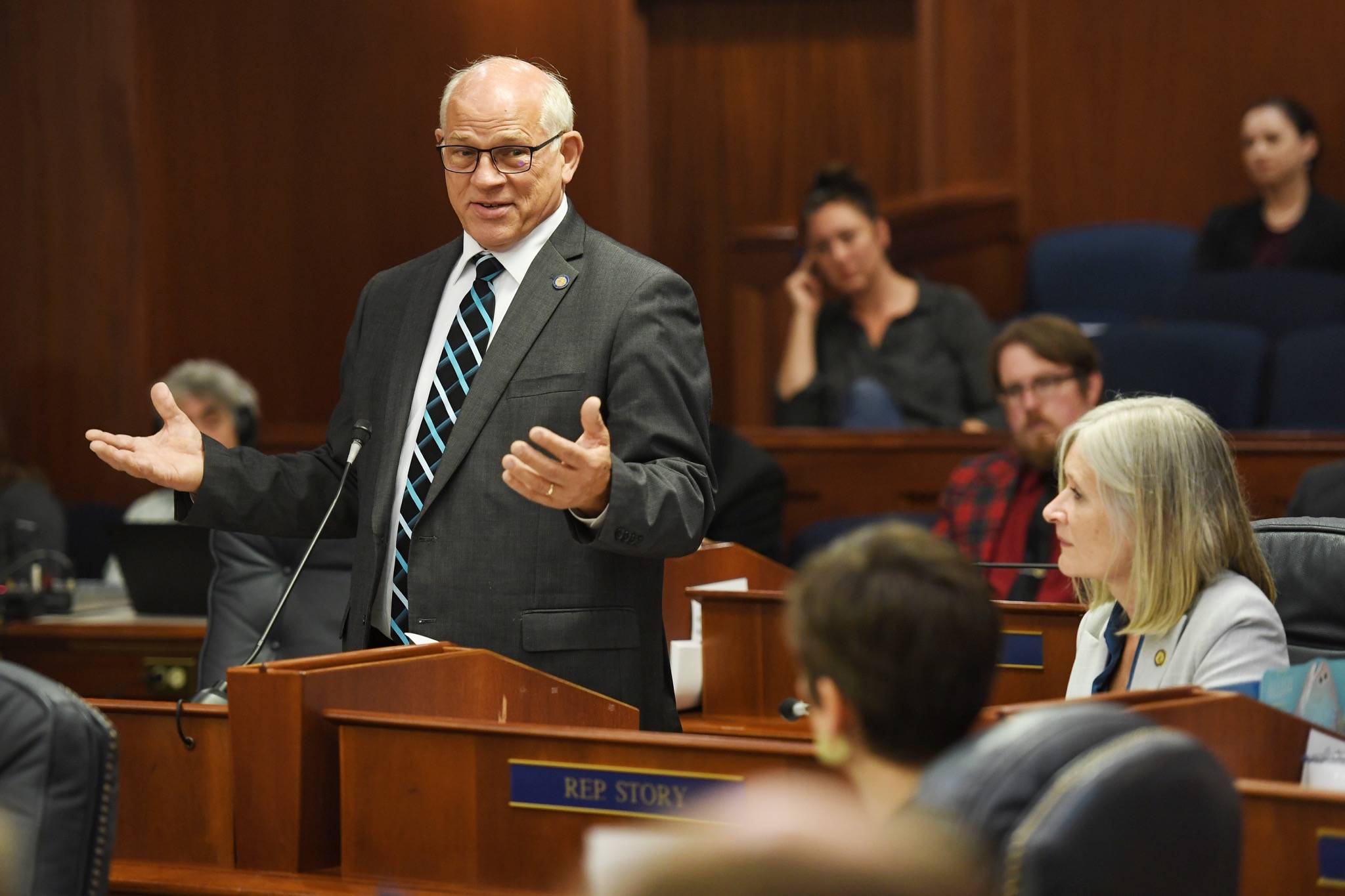 Sen. John Coghill, R-North Pole, expresses his sadness about how Gov. Mike Dunleavy’s budget vetoes will affect his community during a continued Joint Session of the Alaska Legislature at the Capitol on Thursday, July 11, 2019. (Michael Penn | Juneau Empire)