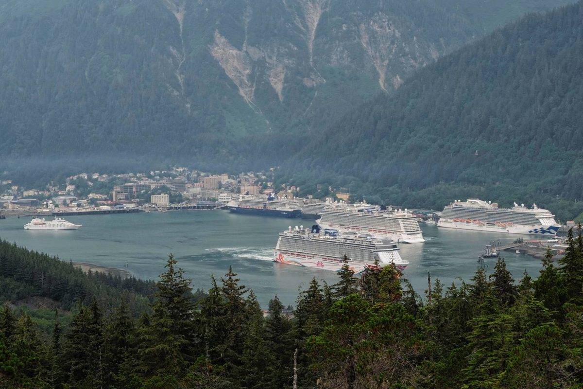 Six of the seven cruise ships due in Juneau on Tuesday, July 9, 2019, sit in the downtown harbor. The seven ships have the potential of bringing over 22,000 visitors to Juneau for the day. (Michael Penn | Juneau Empire)