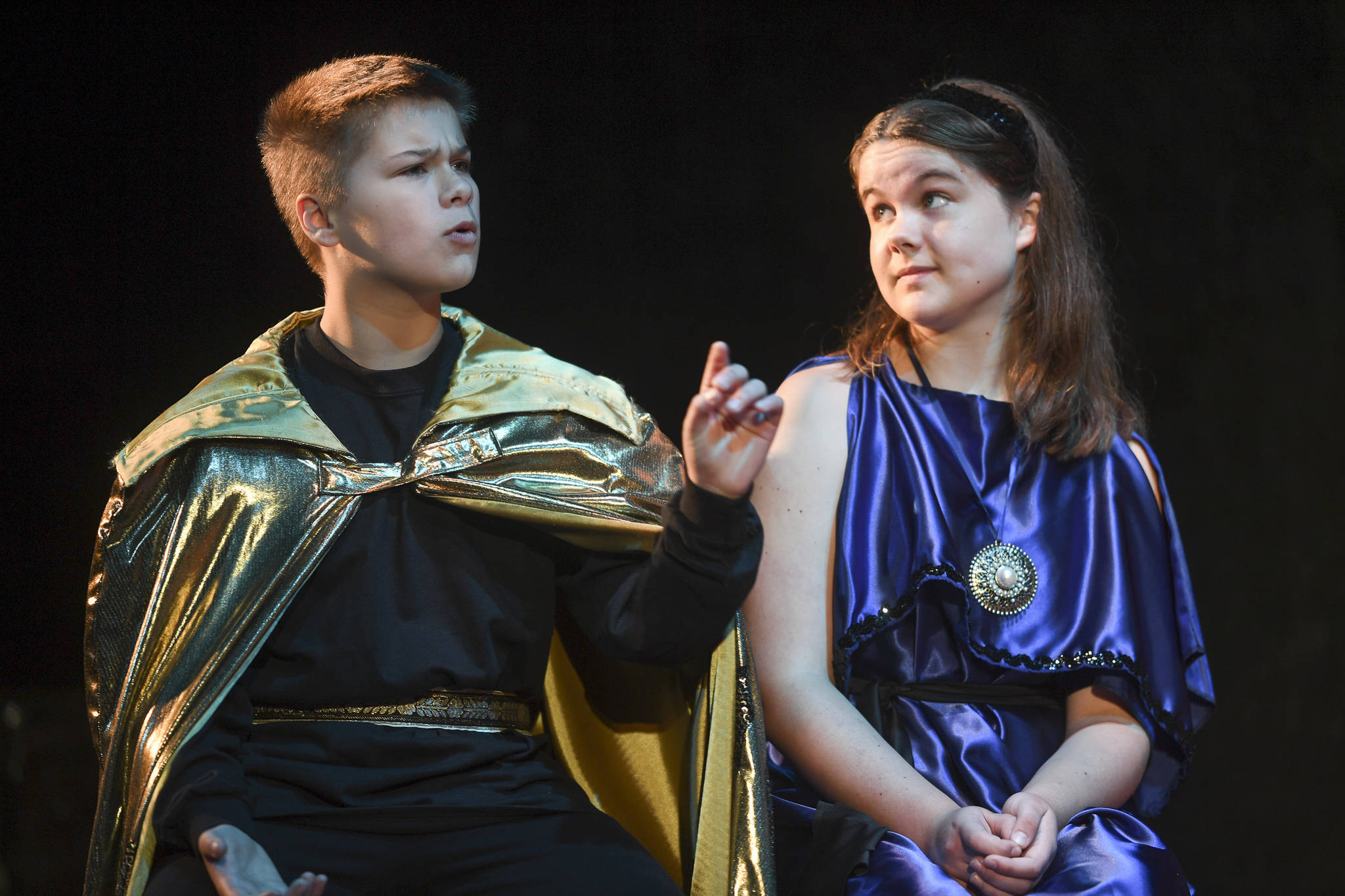 Kyra Wood, left, as King Simonides, and Kat Shelton, as Princess Thaisa, rehearse in Perseverance Theatre’s STAR production of “Pericles 2216: The Intergalactic Adventures of the Prince of Tyre” on Tuesday, July 16, 2019. (Michael Penn | Juneau Empire)