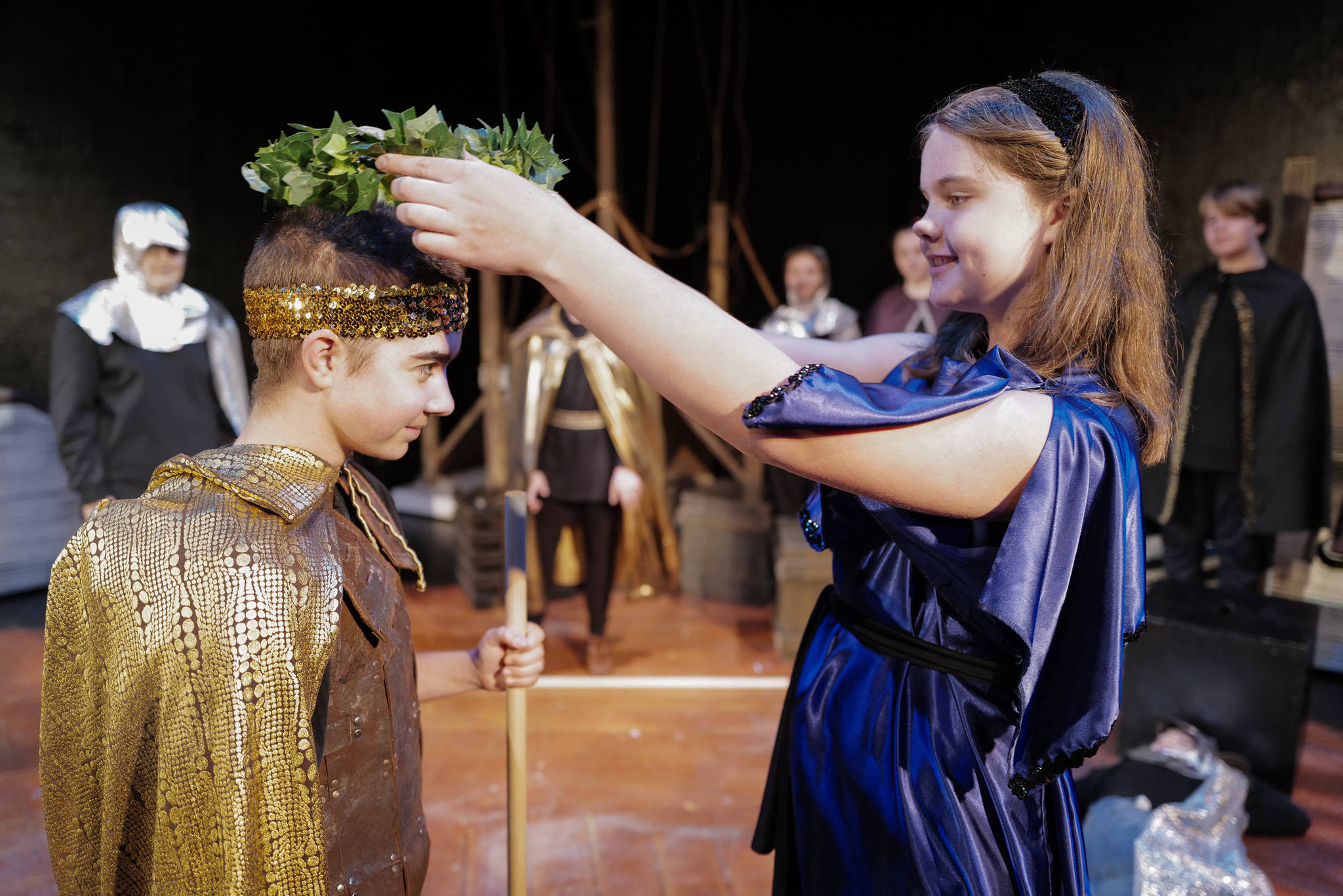 Seth Coppens, left, as a triumphant Pericles, and Kat Shelton, as Princess Thaisa, rehearse in Perseverance Theatre’s STAR production of “Pericles 2216: The Intergalactic Adventures of the Prince of Tyre” on Tuesday, July 16, 2019. (Michael Penn | Juneau Empire)