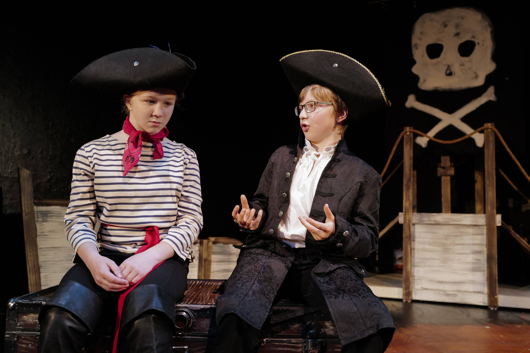 Eva Miller, left, as Neddie (Young Blackbeard) and Arlo Davis, as Captain Hornigold, rehearse the musical in Perseverance Theatre’s STAR production of the musical “Bloody Blackbeard” on Tuesday, July 16, 2019. (Michael Penn | Juneau Empire)