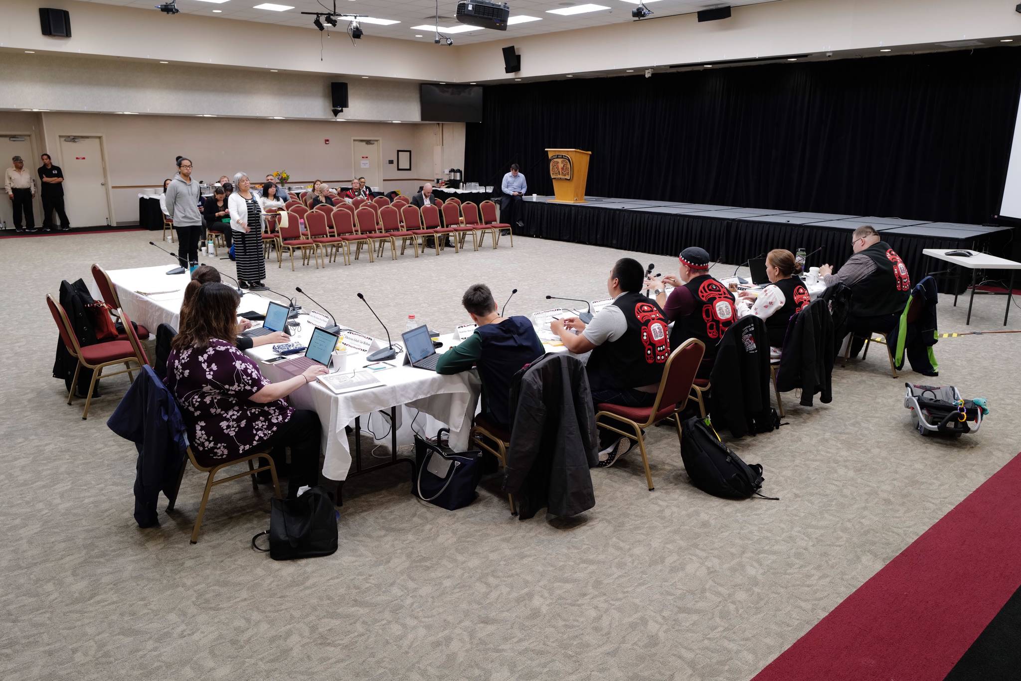 Members of the Central Council of Tlingit and Haida Indian Tribes of Alaska listen to public comments during an Executive Council meeting at the Elizabeth Peratrovich Hall on Thursday, July 18, 2019. (Michael Penn | Juneau Empire)