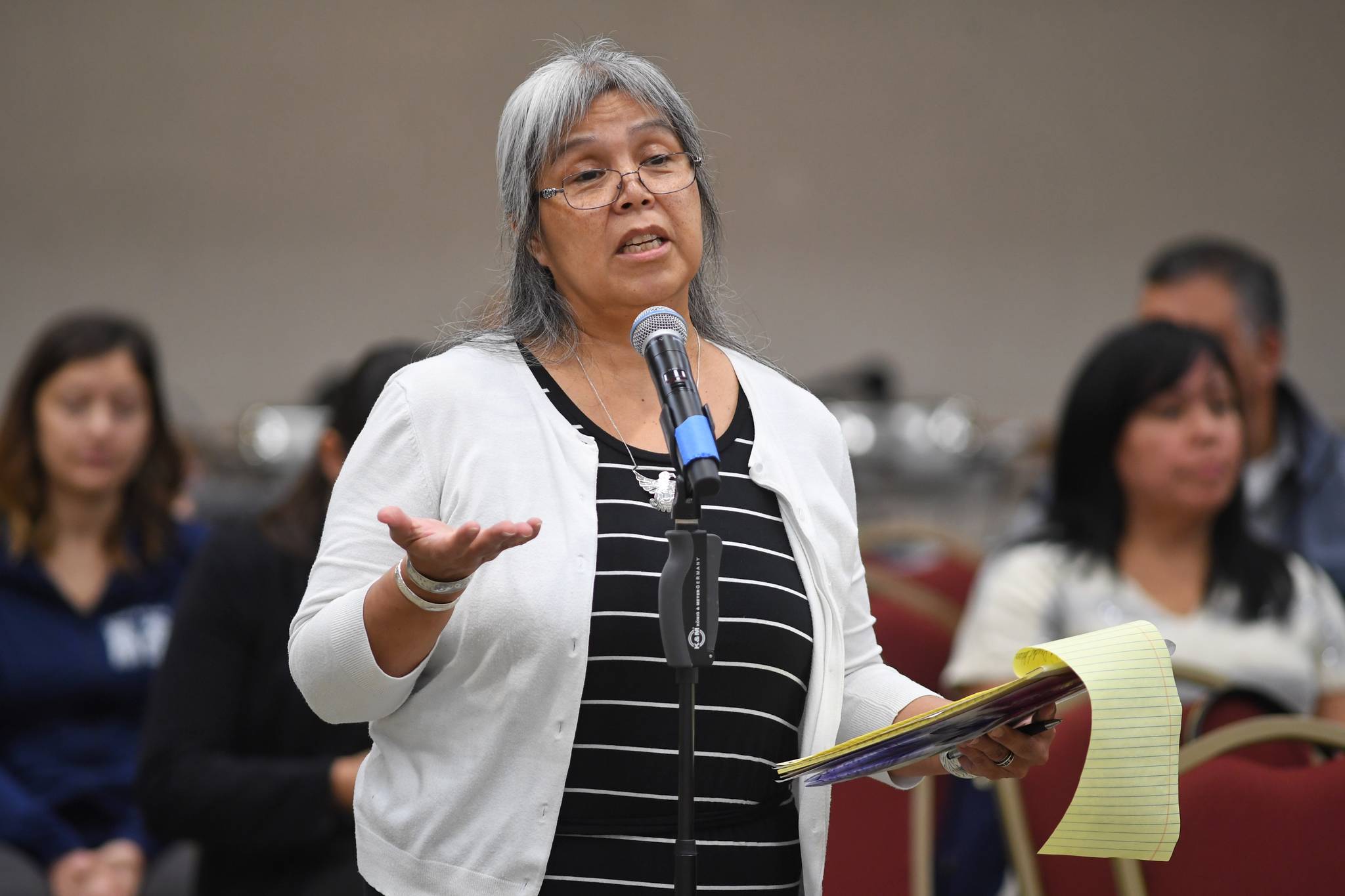 Mary Marks speak to members of the Central Council of Tlingit and Haida Indian Tribes of Alaska about funding cuts to the Headstart program during an Executive Council meeting at the Elizabeth Peratrovich Hall on Thursday, July 18, 2019. (Michael Penn | Juneau Empire)