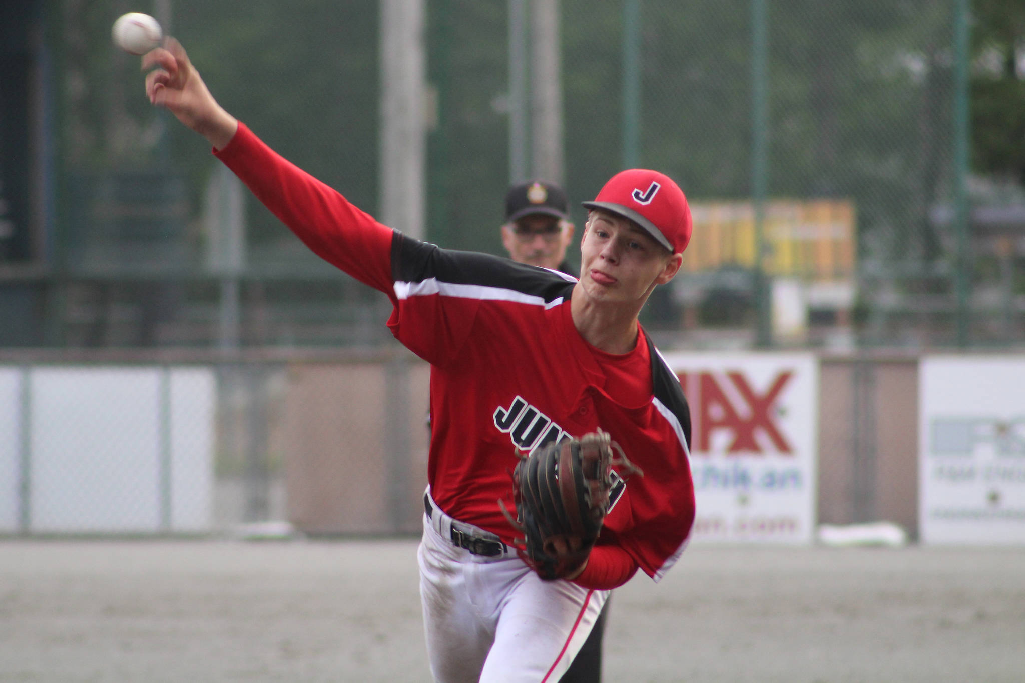 Juneau All-Stars pitcher Kaleb Campbell pitches against Ketchikan in Game 2 of Alaska Little League Junior Baseball State Tournament at Norman Walker Field in Ketchikan on Thursday, July 18, 2019. Juneau won 14-4. (Courtesy Photo | Lori Crupi)
