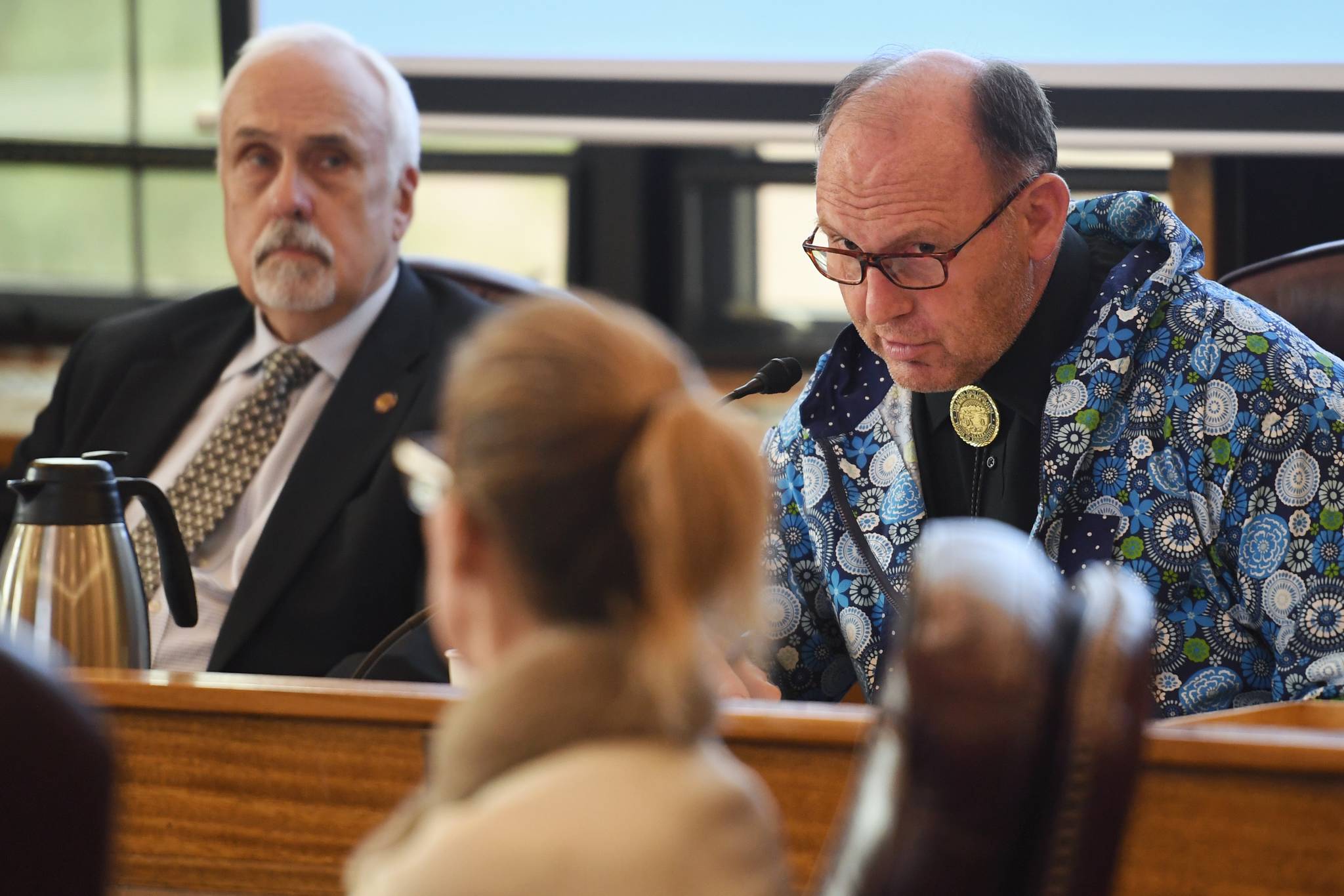 Rep. Gary Knopp, R-Kenai, right, questions Donna Arduin, Director of the Office of Management and Budget, center, as Rep. Bart LeBon, R-Fairbanks, listens during a House Finance Committee meeting on HB 2002 at the Capitol on Thursday, July 18, 2019.(Michael Penn | Juneau Empire)