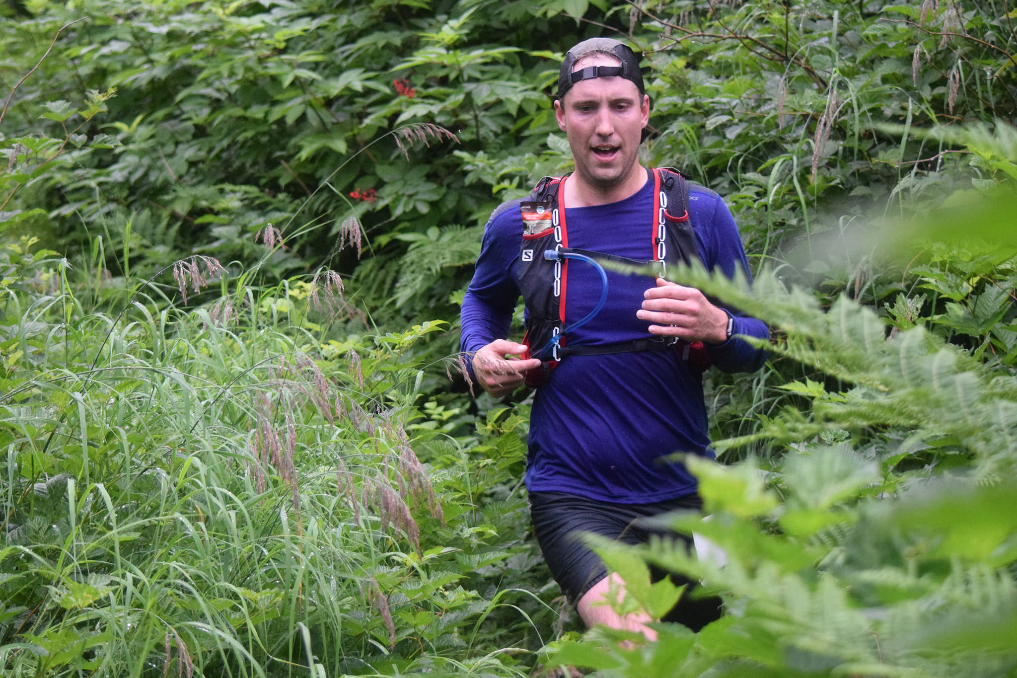 Thor Lindstrom descends from Mount Juneau along the Granite Creek Trail while competing in the Juneau Ridge Race on Saturday, July 20, 2019. Over 60 runners participated in the 15-mile mountain running race that featured approximately 5,000 feet of elevation gain. Lindstrom placed fourth overall with a time of 2:58:57. (Nolin Ainsworth | Juneau Empire)