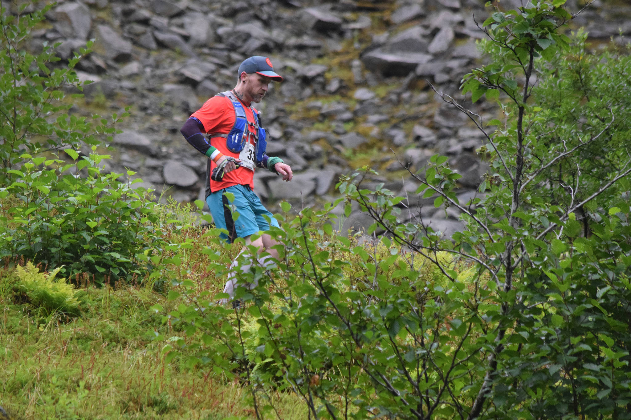 Brian Murphy descends from Mount Juneau along the Granite Creek Trail while competing in the Juneau Ridge Race on Saturday, July 20, 2019. Over 60 runners participated in the 15-mile mountain running race that featured approximately 5,000 feet of elevation gain. (Nolin Ainsworth | Juneau Empire)
