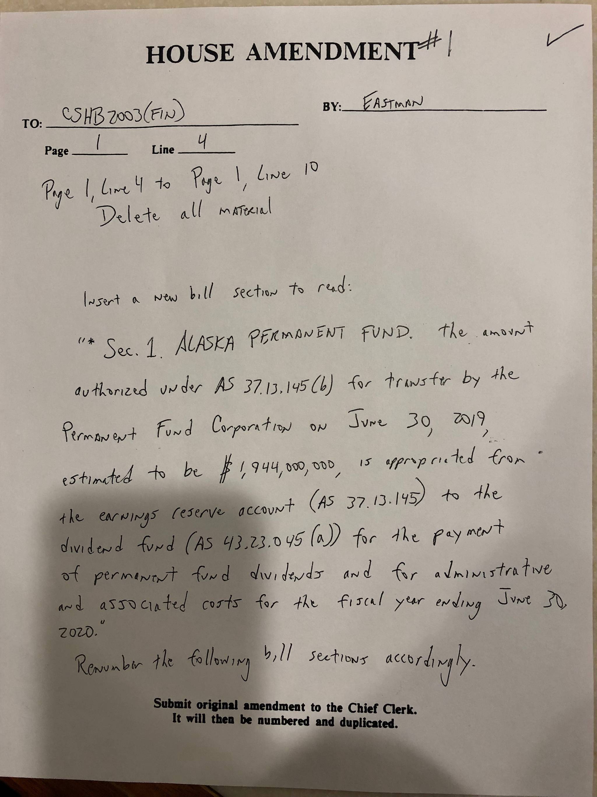 The text of Rep. Dan Eastman’s, R-Wasilla, amendment. Hand-written because of the speed at which the legislature is moving during the special session.