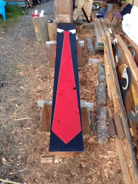The back of Tommy Joseph’s ridicule pole meant to shame President Donald Trump and Gov. Mike Dunleavy will feature a long, red tie and quotes from the president. (Courtesy photo | Kristina Cranston)