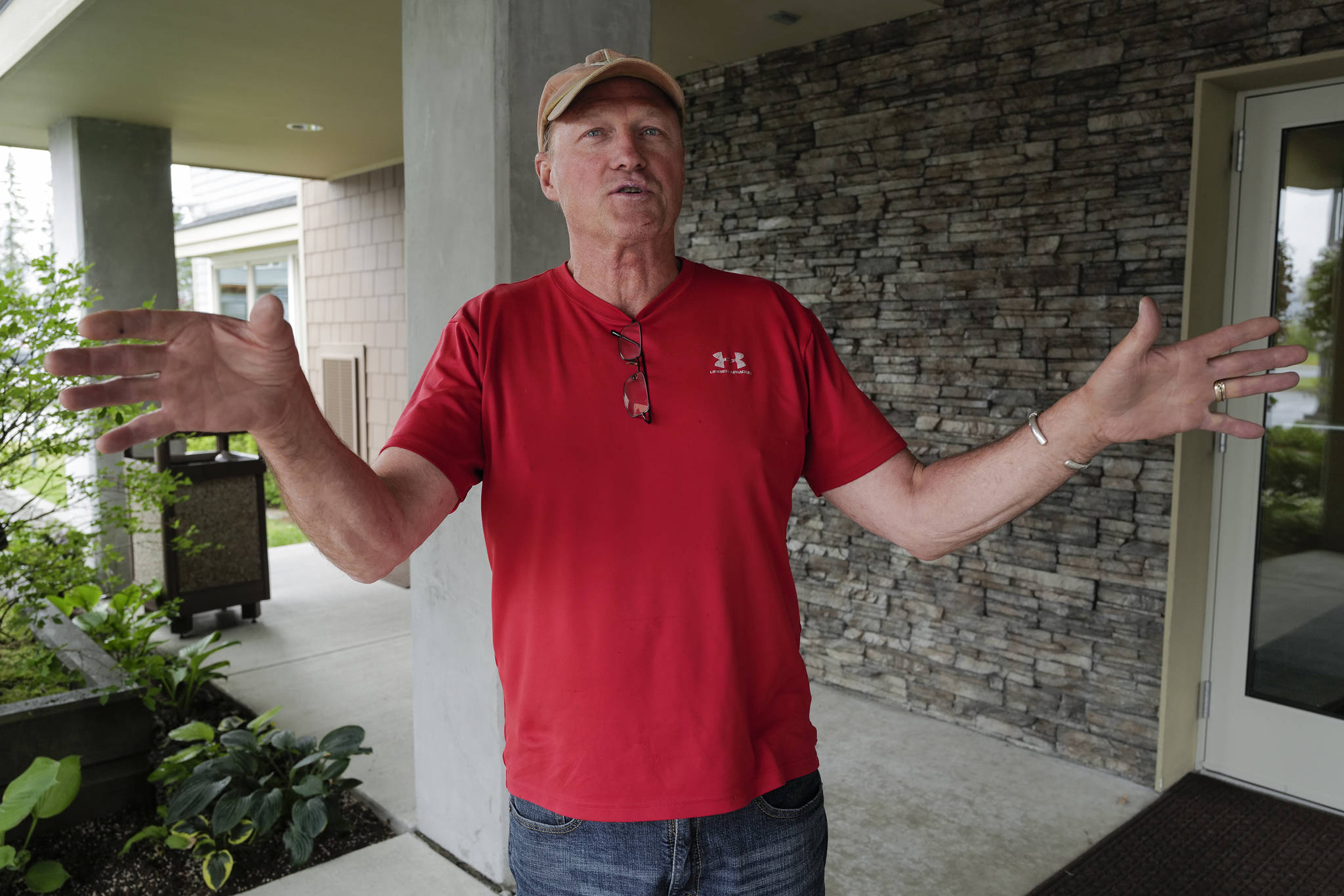 Gary Elliott of Connecticut talks about his frustration on the third day of the Inland Boatmens Union of the Pacifics strike against the Alaska Marine Highway System at the Auke Bay Terminal on Friday, July 26, 2019. After spending six weeks traveling throughout Alaska and having a wonderful time, Elliott said he cant wait to leave the state. Elliott said it is costing him $4,500 in cancelled ferry tickets, hotel, barge and airline costs to get out of Juneau this weekend. (Michael Penn | Juneau Empire)