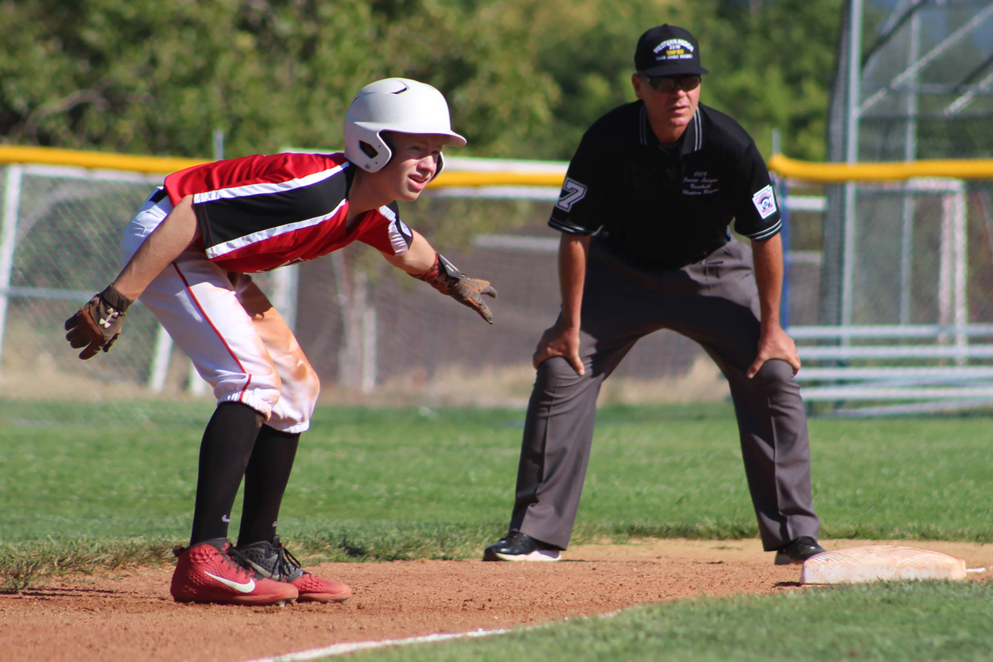 Gastineau Channel Little League Junior All-Star Finn Kesey leads off of third base in a game against tournament host Cambrian Park Little League in the West Regional Tournament at Ida Price Middle School in San Diego, California, on Friday, July 26, 2019. Juneau won 10-3. (Courtesy Photo | Lori Crupi)