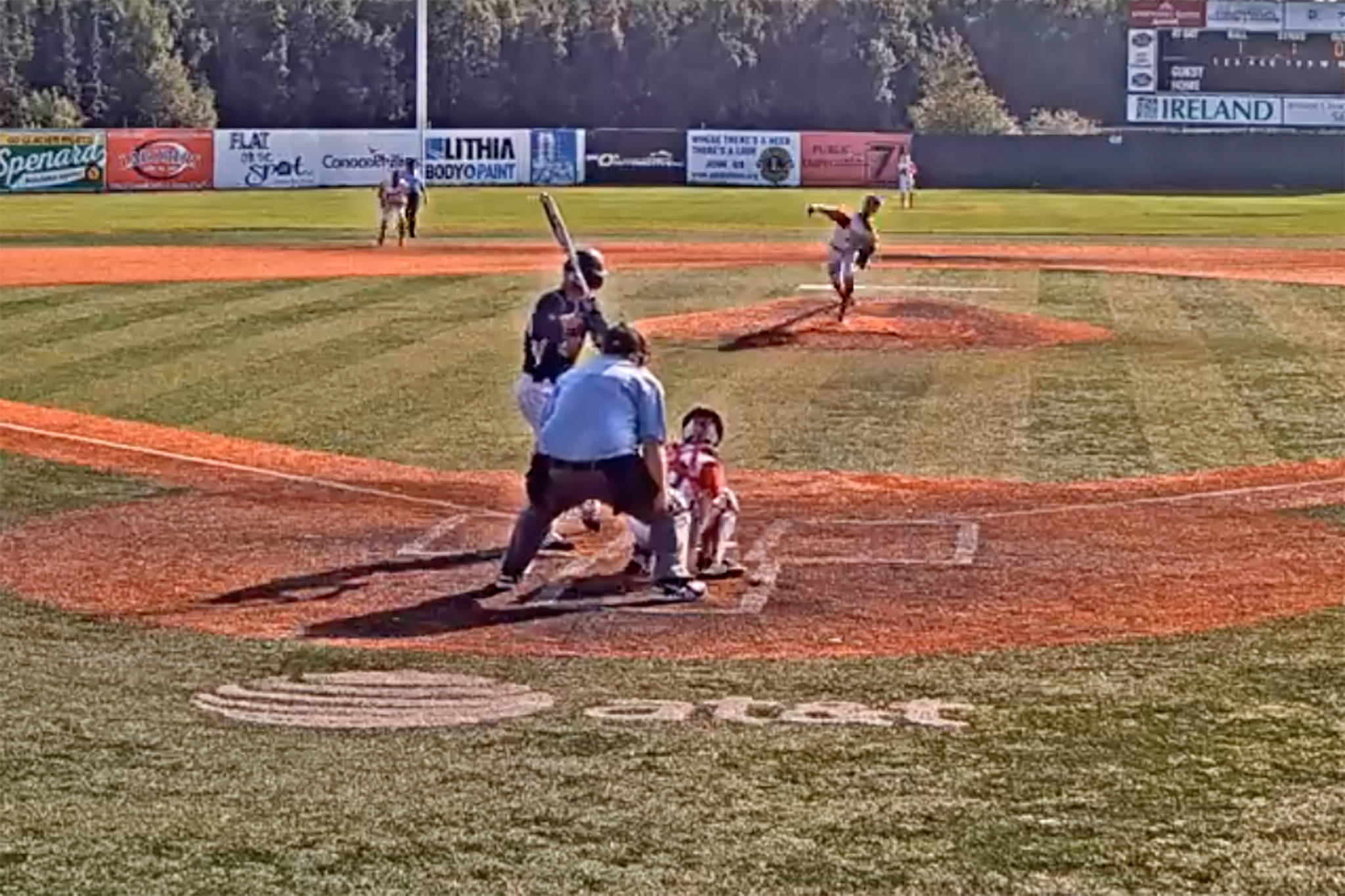 Juneau Post 25’s Gabe Storie bats in the first inning against Wasilla Post 35’s Carson Boyett at the Alaska Legion state tournament at Mulcahy Stadium in Anchorage on Monday, July 29, 2019. (Screenshot)