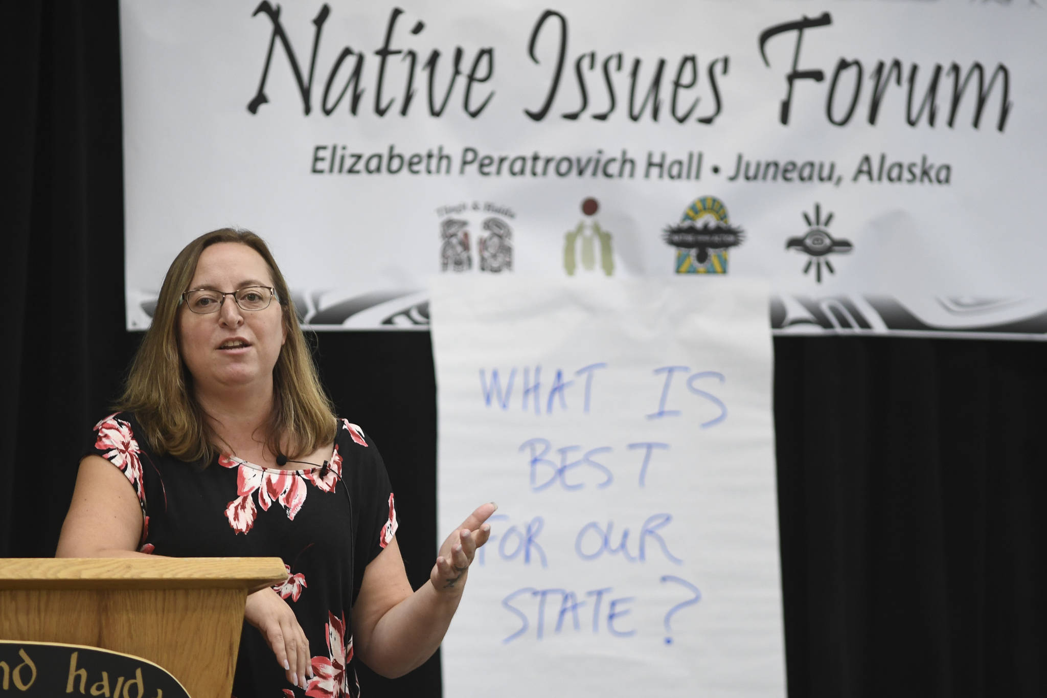 Melissa Borton, Tribal Administrator for the Native Village of Afognak, speaks during a Special Native Issues Forum at Elizabeth Peratrovich Hall on Tuesday, July 30, 2019. The forum was sponsored by Tlingit Haida, First Alaskans Institute, Native Peoples Action and Sealaska. (Michael Penn | Juneau Empire)