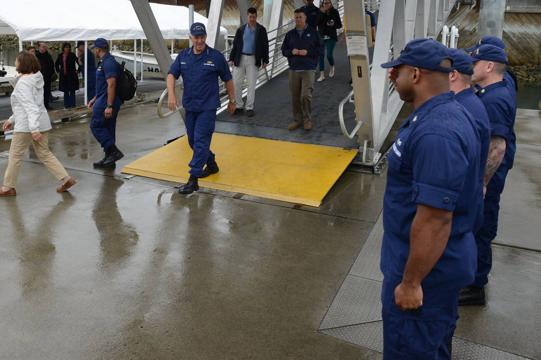 Commandant of the Coast Guard Adm. Karl Schultz visited USCG Station Juneau with members of the U.S. House of Representatives, July 29, 2019. (USCG Photo | PAC Matthew Schofield)