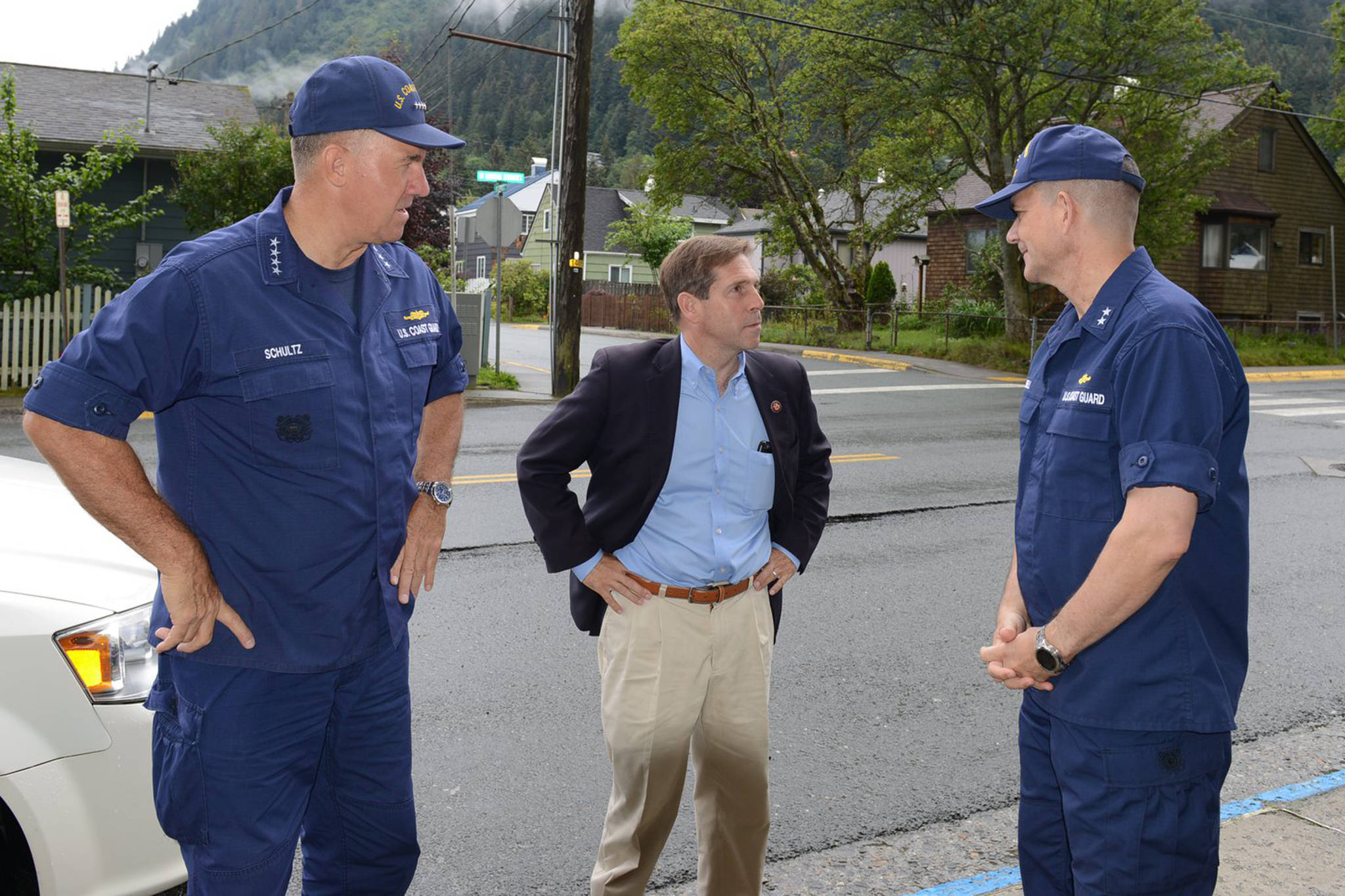 Commandant of the Coast Guard Adm. Karl Schultz talks with Rep. Chuck Fleischmann (R-TN) during a visit to Juneau, Alaska, July 29, 2019. (USCG Photo | PAC Matthew Schofield)