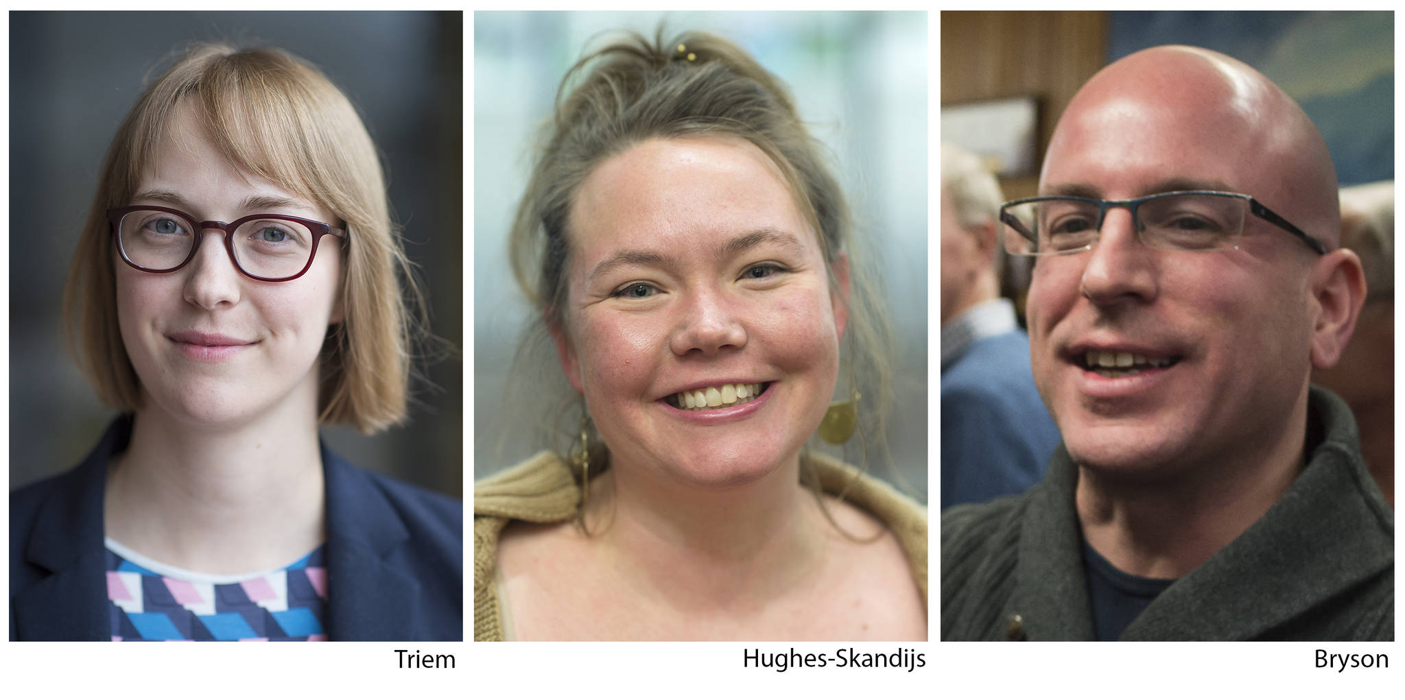Carole Triem, Alicia Hughes-Skandijs, and Wade Bryson are seeking re-election to the Assembly. One more Assembly seat and two seats on the Juneau Board of Education are also up for election. (Composite photo by Michael Penn | Juneau Empire)