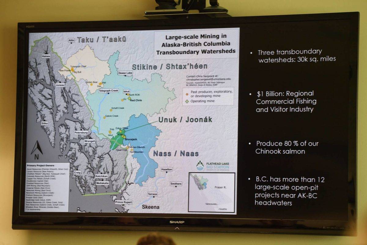 Map shown during a roundtable meeting on the Alaska-British Columbia Transboundary mining at the Federal Building in Juneau on Monday, Aug. 5, 2019. (Michael Penn | Juneau Empire)