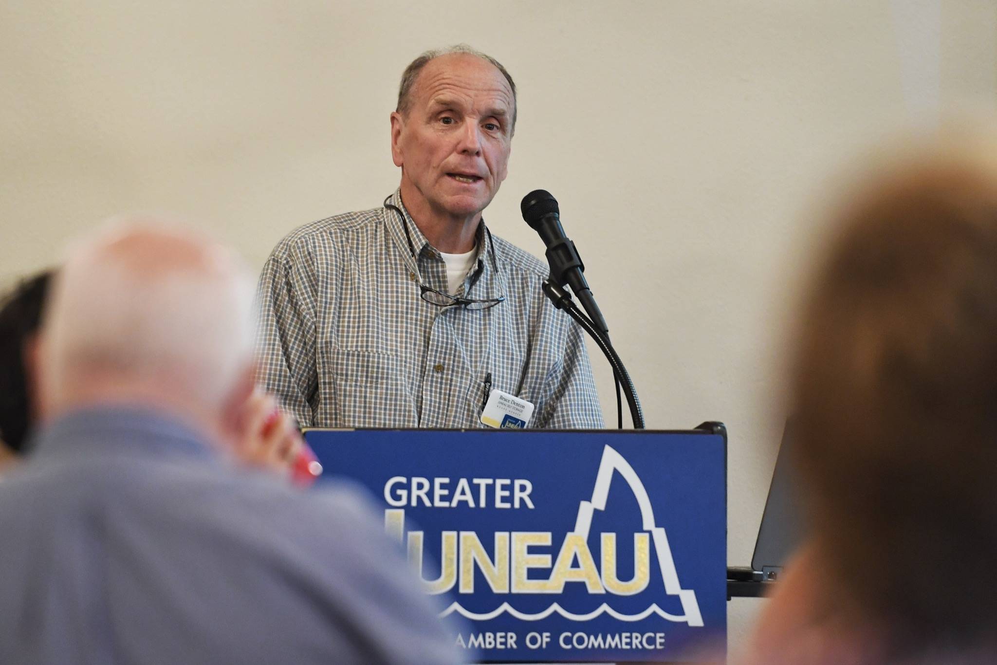 Bruce Denton speaks about the Housing First project during the Juneau Chamber of Commerce luncheon at the Moose Lodge on Thursday, Aug. 8, 2019. (Michael Penn | Juneau Empire)
