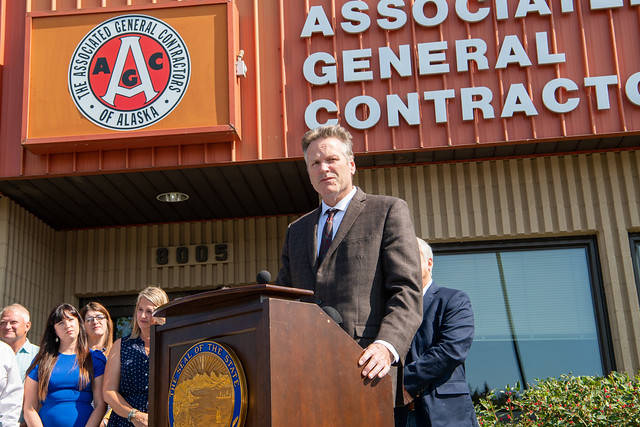 Gov. Mike Dunleavy at the signing ceremony at the Alaska Association of General Contractors in Anchorage on August 8, 2019 (Courtesy photo)