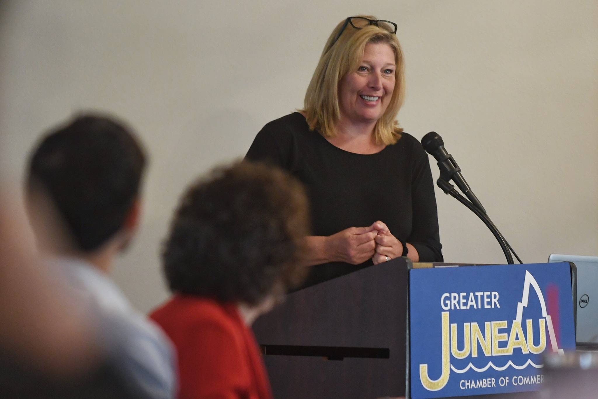 Mary Anne Carter, chairman of the National Endowment for the Arts, speaks at the Greater Juneau Chamber of Commerce’s weekly luncheon at the Moose Lodge, Aug. 15, 2019. (Michael Penn | Juneau Empire)